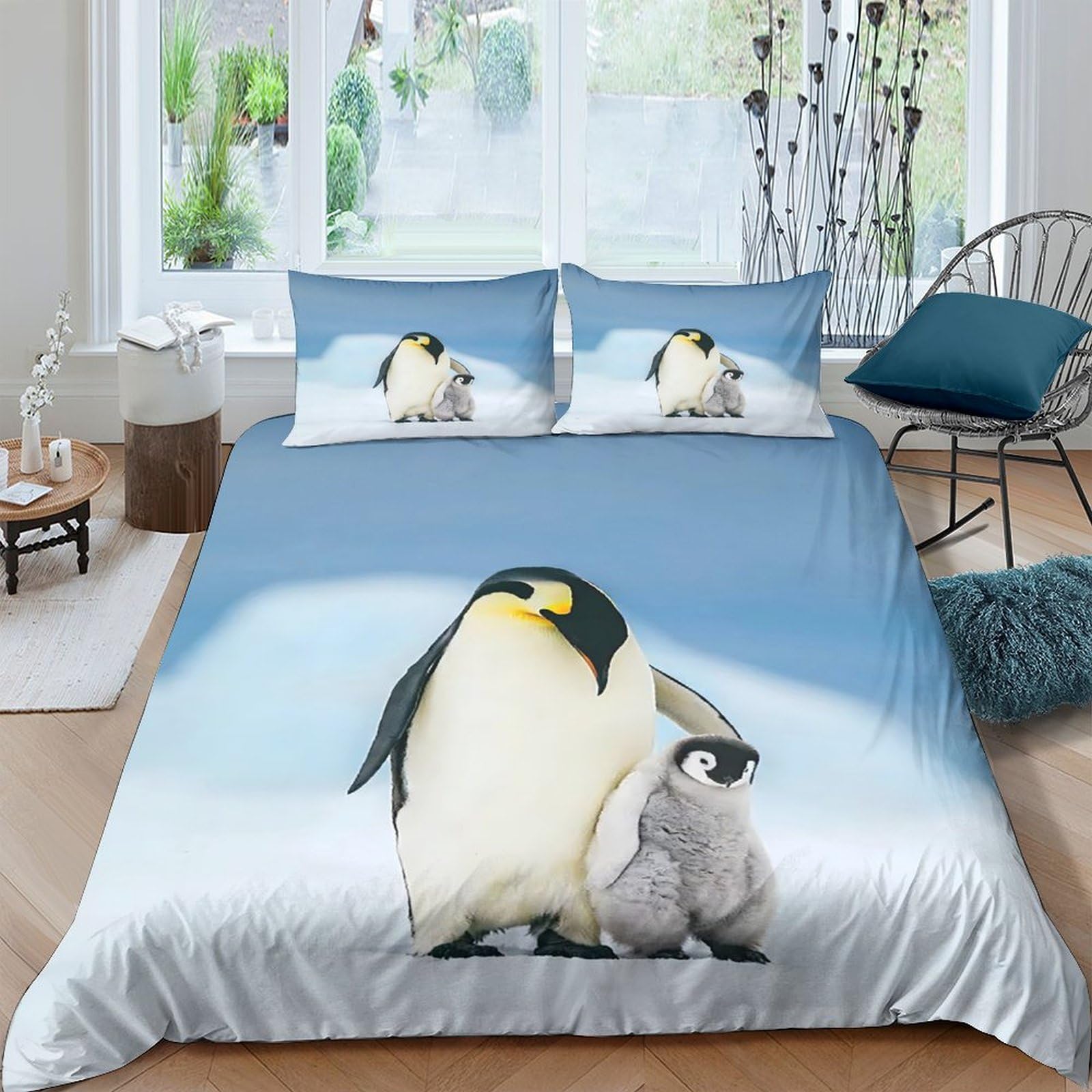 Ctjqhvkz Style-2 3D Printed Penguin Family Fitted Sheet Microfiber Soft Blue Animal Pattern Mattress Cover Bedroom Dorm Decor Single（135X200cm）