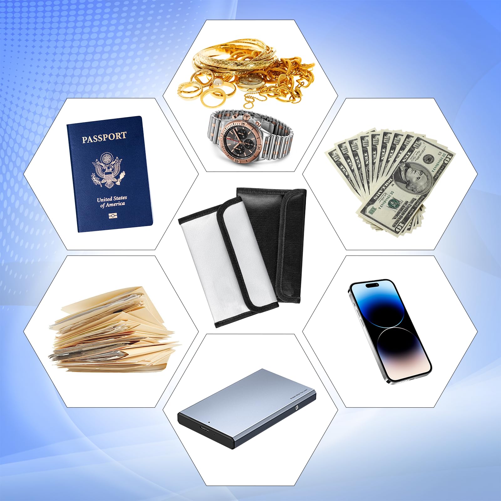 2 Piezas Carteras Ignífugas 20 x 12cm Bolsa de Seguridad Ignífuga con Cremallera Bolsas Ignífugas para Documentos para Pasaporte Dinero Efectivo Archivos Bancarios Joyería Objetos de Valor