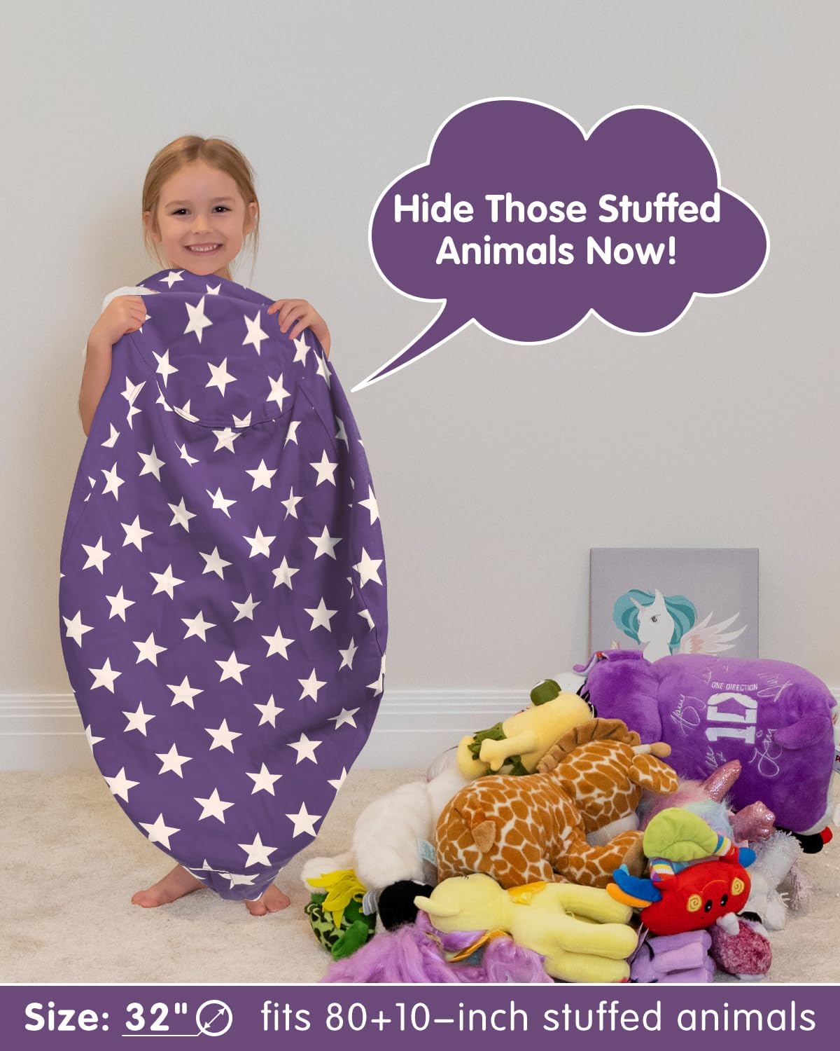 Aubliss Stuffed Animal Storage, Canvas Bean Bag Chairs Cover, Medium 32" Kids Toy Storage Organizer for Blankets Towels Clothes