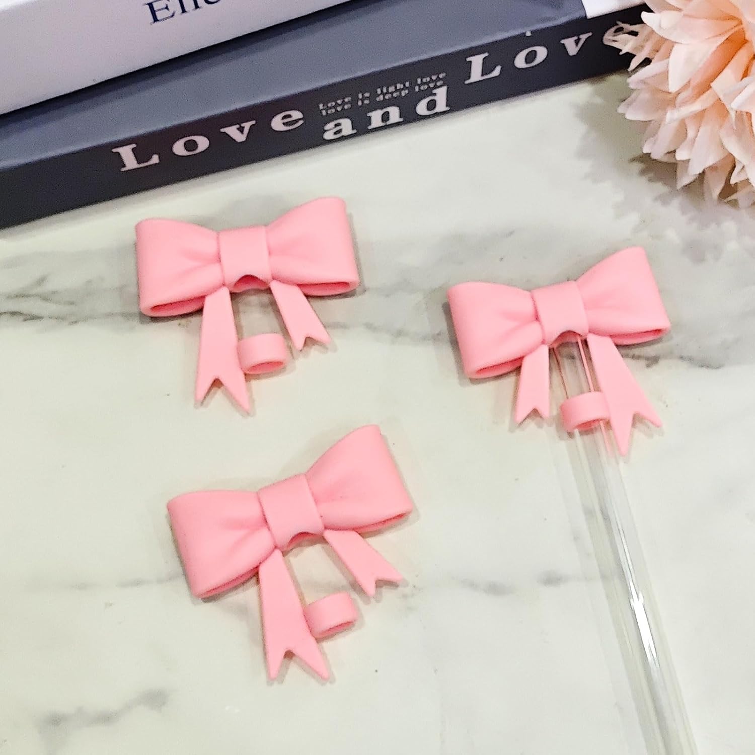 Bow Straw Covers Cap Toppers - Cute Pink 10mm/0.4in Reusable Silicone Straw Toppers for Tumblers, Travel Mugs, and Glass Cups (50)