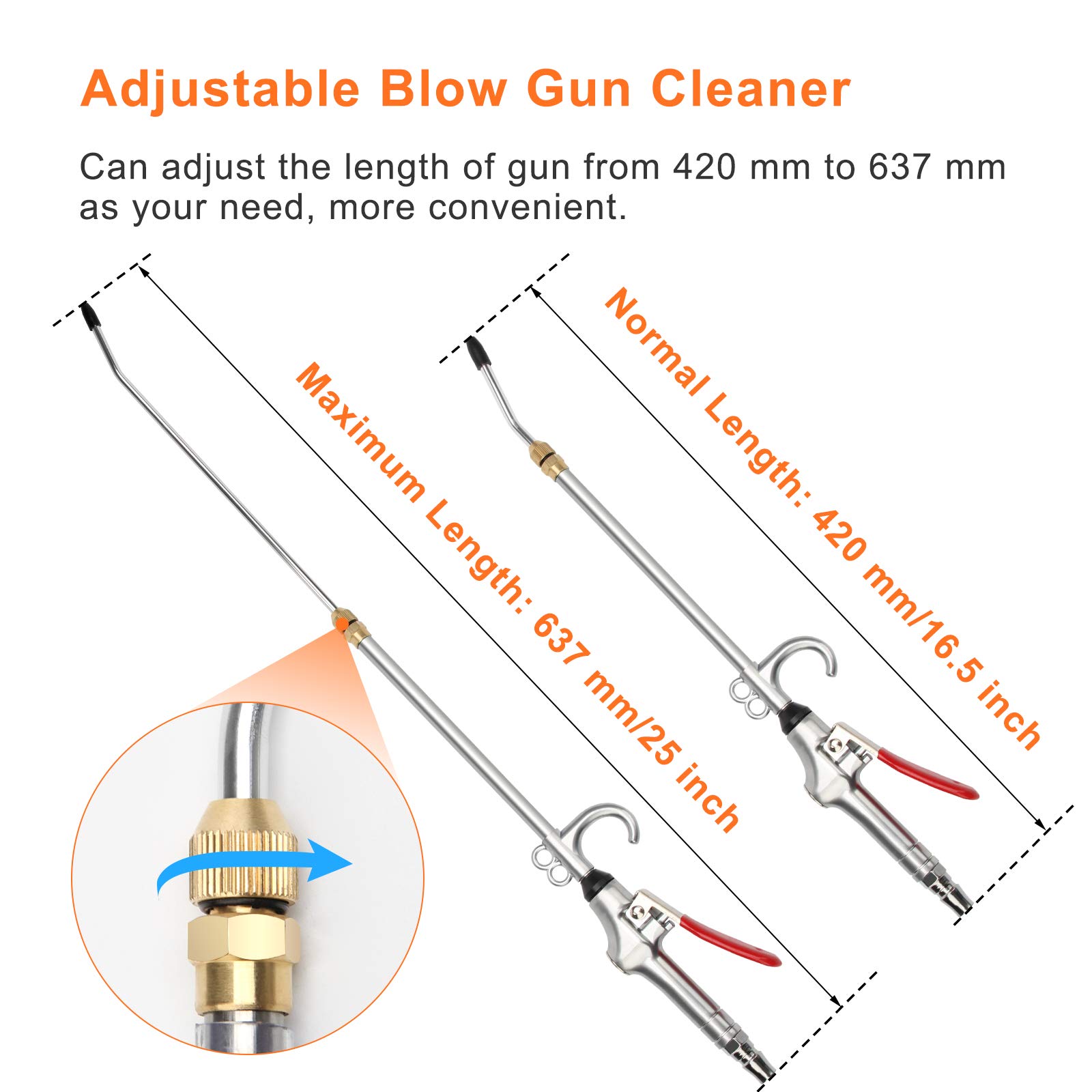 Pistolet de soufflage à air extensible avec buse de nettoyage 285 mm – 500 mm avec 1 buse de soufflage pour nettoyage de la poussière et des accessoires de compresseur d'air