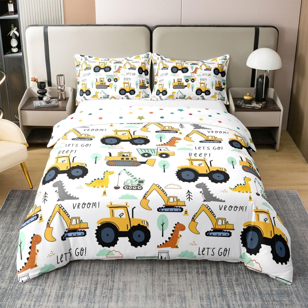 Erosebridal 100% Cotton Cartoon Cars Queen Comforter Cover for Toddler Boys Girls Kids Train Duvet Cover Kawaii Rainbow Bedding,Road Map Bedspread Cover,Truck Bus Vehicles Bed Sets for Boys
