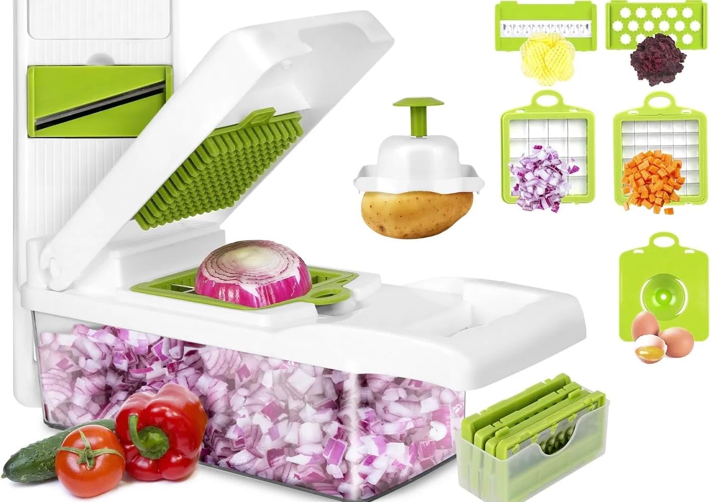 12 in 1 Vegetable Chopper with Container, Food Slicer Dicer Grater, Stainless Steel Blades, Onion Chopper with Peeler and Egg Separator, GPCT2055Pro