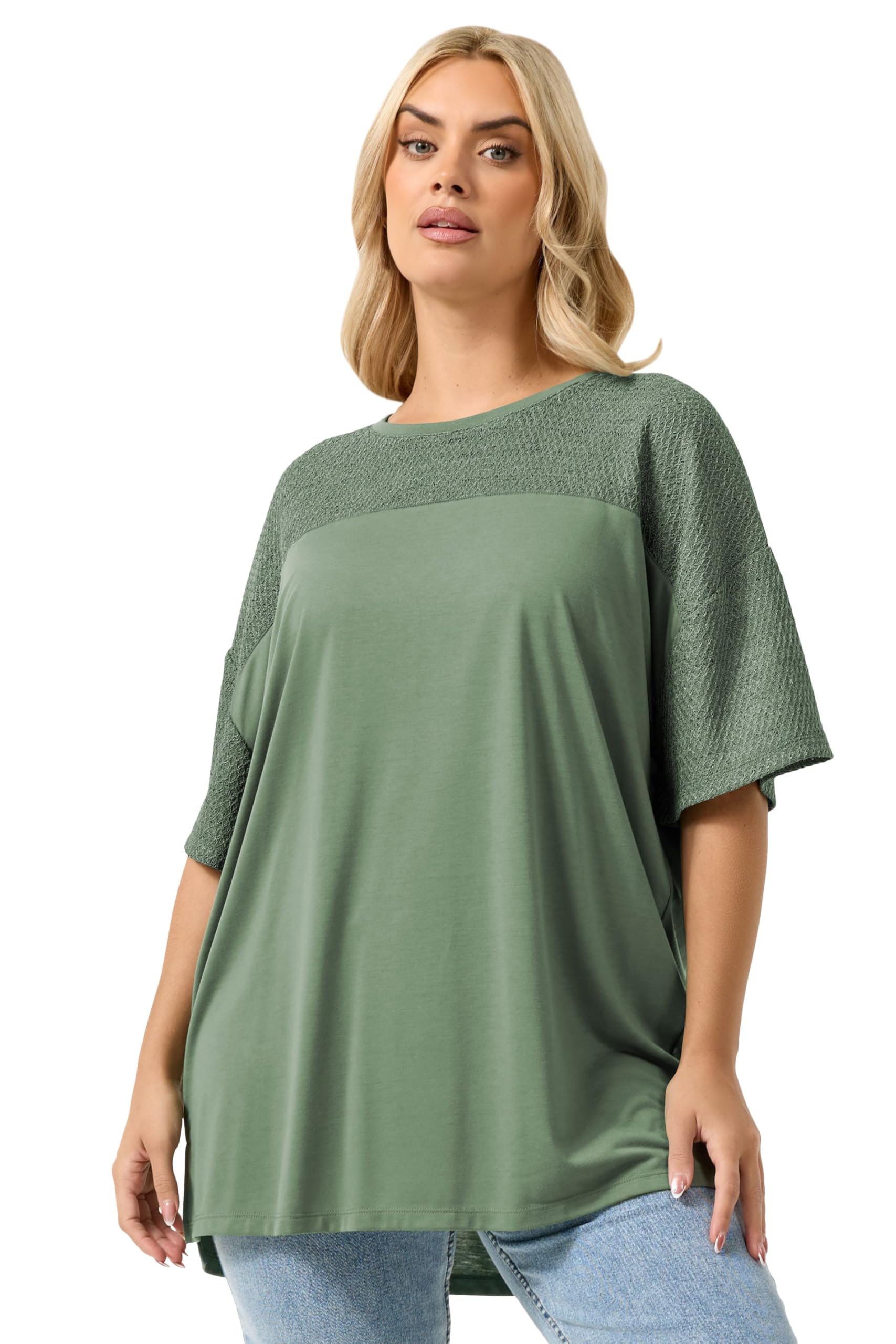 Yours Women's Green Woven Panel Oversized T-Shirt In Size 22-24