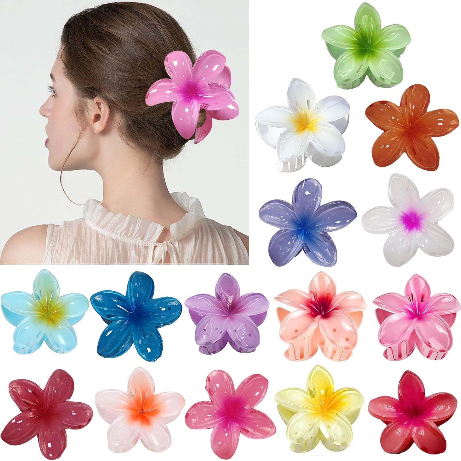 Barrettes à Fleurs pour Femme, 15 Pièces avec Grandes Fleurs Plumeria Hawaï 8cm, Antidérapantes pour Tous Types de Cheveux, Mélange de Couleurs pour Fête, Mariage, Vacances (B)
