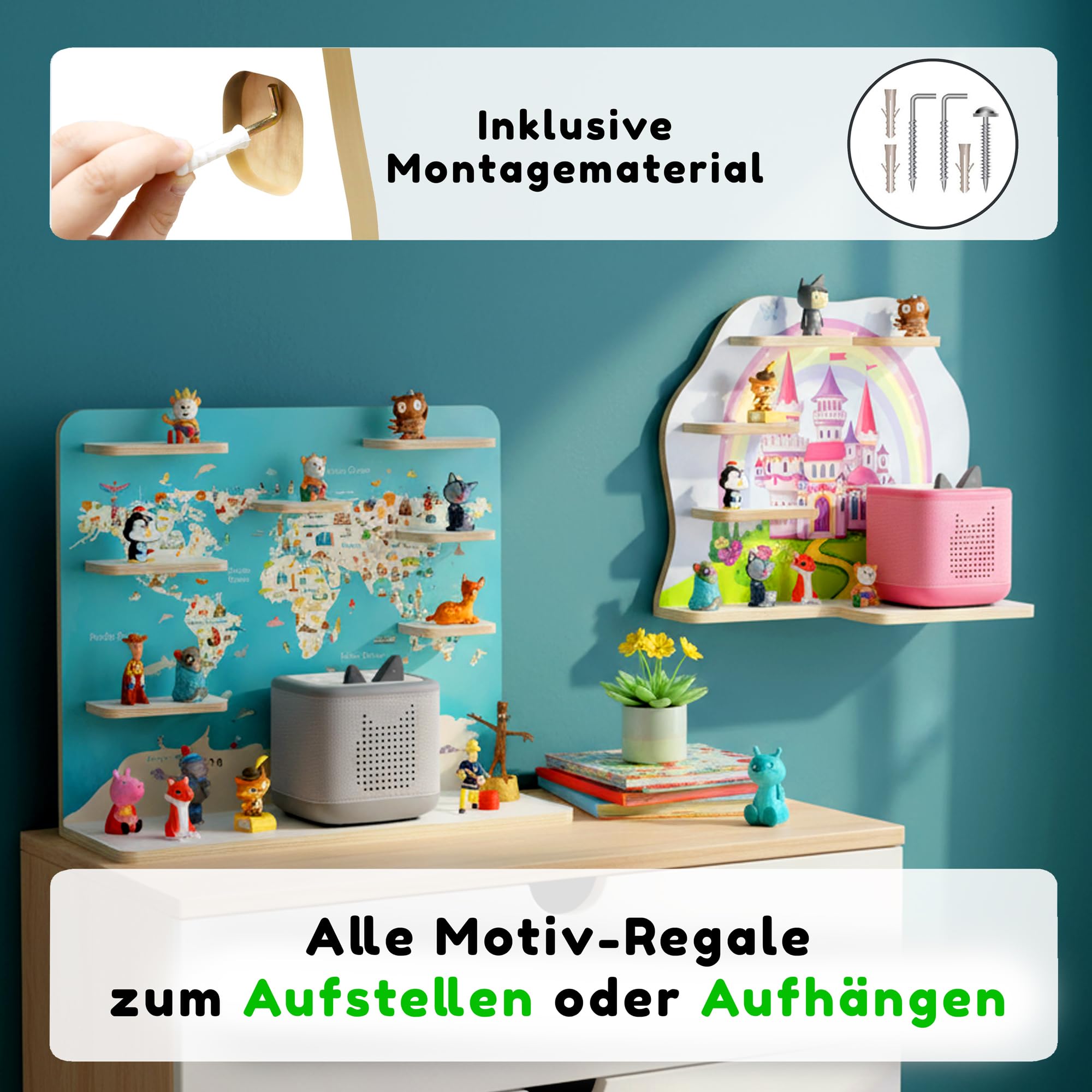 stadtecken Holzregal passend für Toniebox 2 I Geeignet für ca. 50 Tonies I Perfekte Aufbewahrung im Kinderzimmer I Regal zum Aufstellen oder Aufhängen (Atlas, Groß)