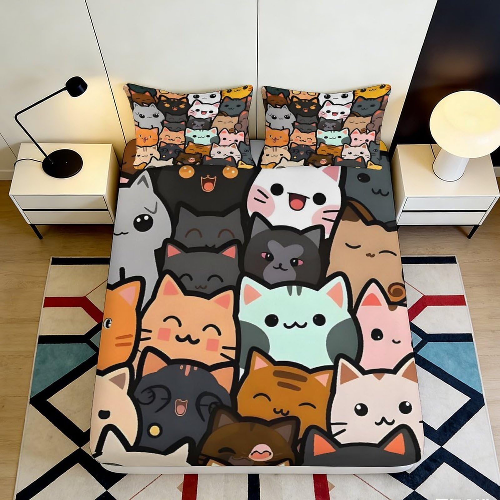 3D Printed Cute Cat Pattern Fitted Sheet Microfiber Soft Breathable Cartoon Cats Bed Cover for Bedroom Dormitory Guest Room Mattress Protection Decor 120x200x25cm