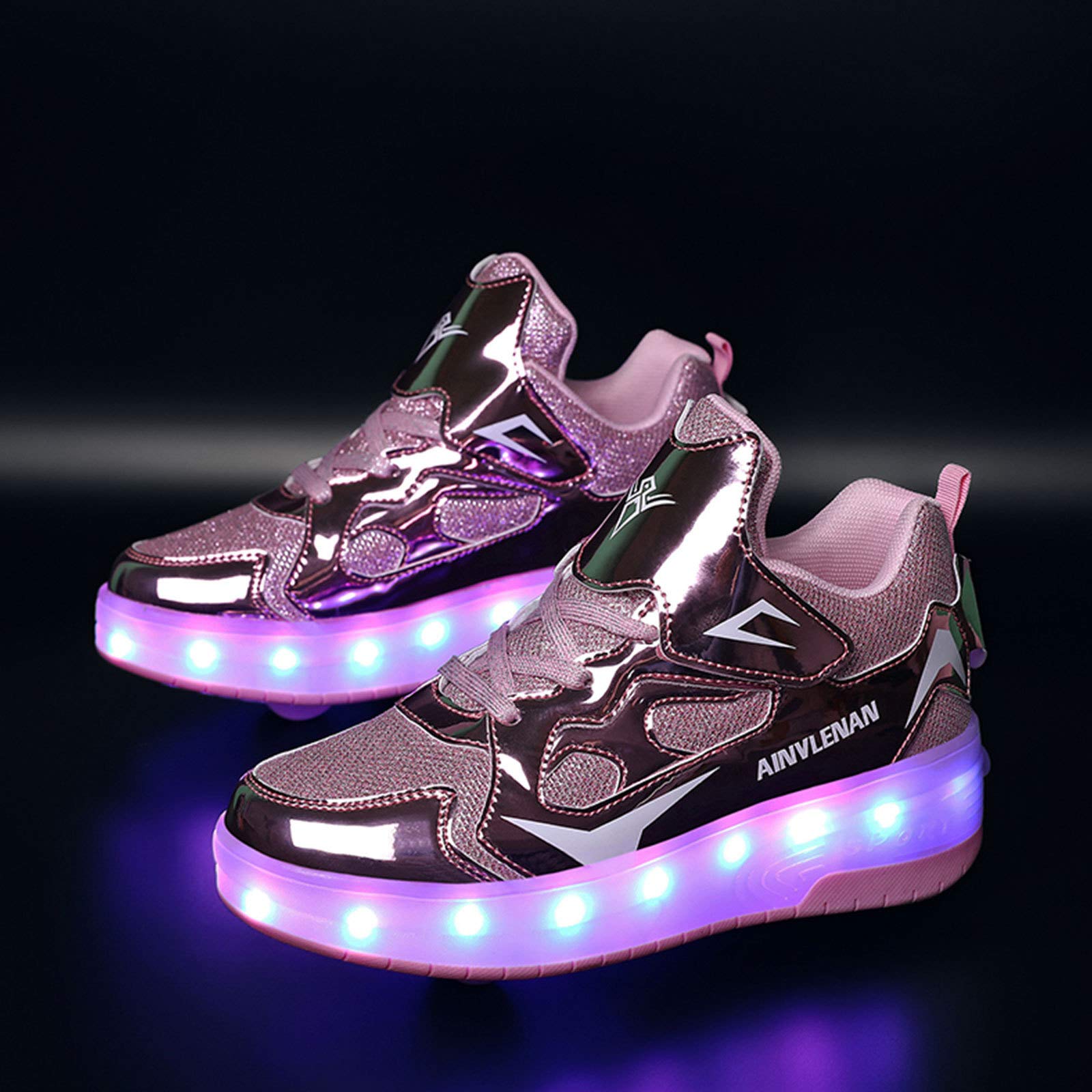 RDJSHOP Unisexe Enfants Chaussures de Skate à roulettes LED Sneaker de Skateboard de Gymnastique à Roues Doubles Chargement USB Chaussures Clignotantes Garçons Filles,Pink-12UKChild/30EU