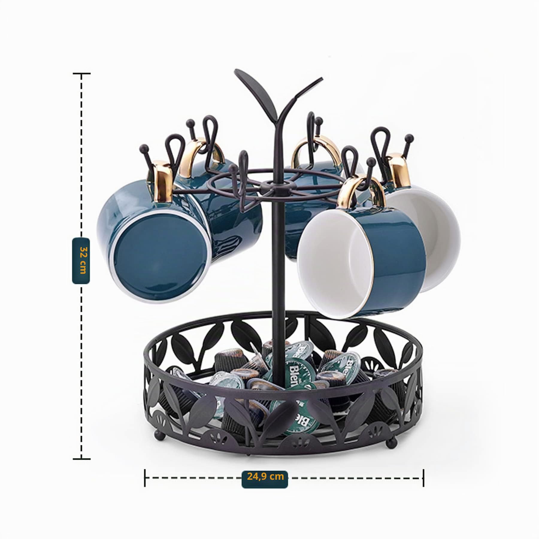 Porte-tasse à café avec panier de rangement rotatif à 6 capacités, support de tasse d'arbre, comptoir de café, accessoire de bar et organisateur de cuisine