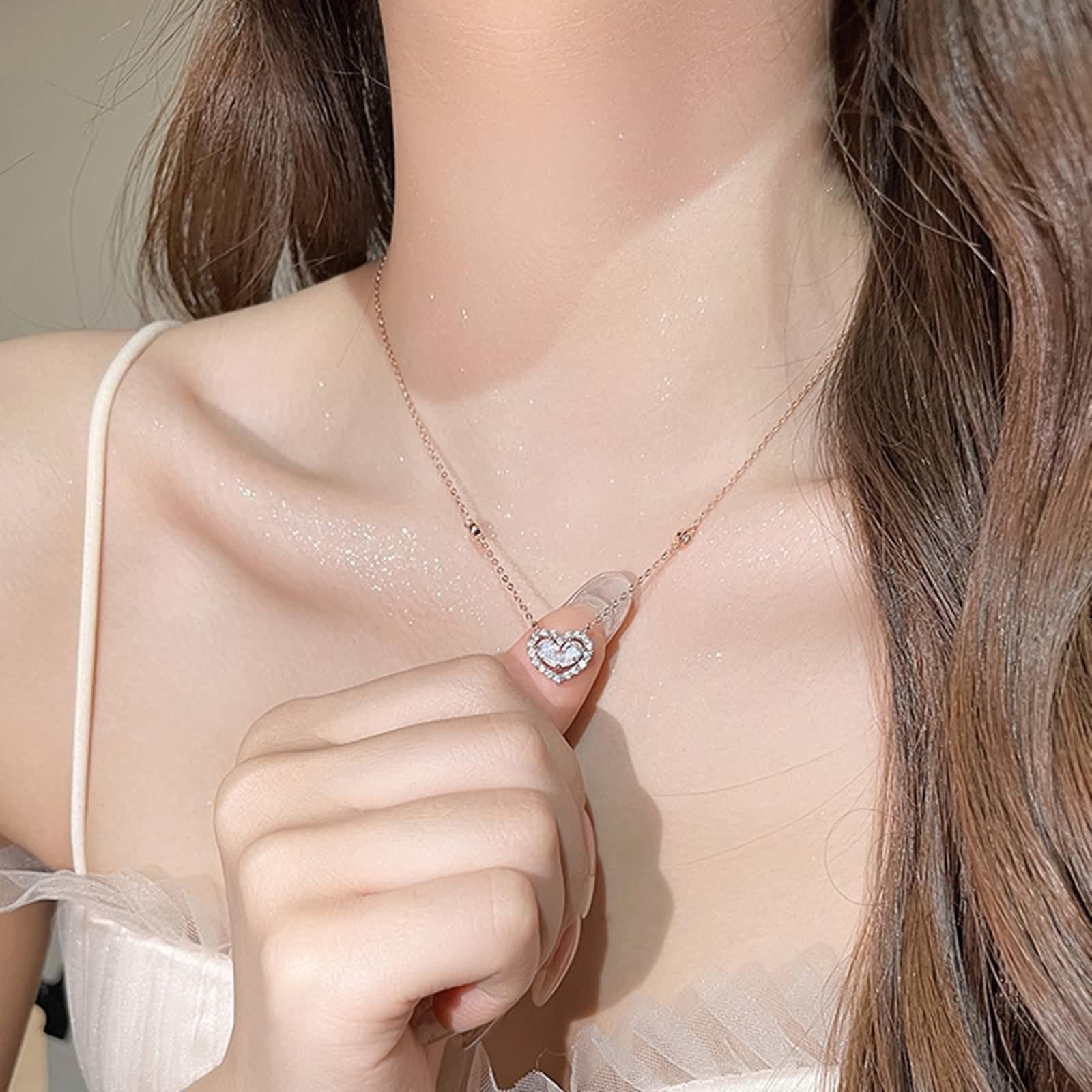 Moissanite Collana, Collana Donna Vintage Ciondolo Catenina Gioielli Oro Bianco 9K/14K/18K Cuore Vuoto 40+5cm