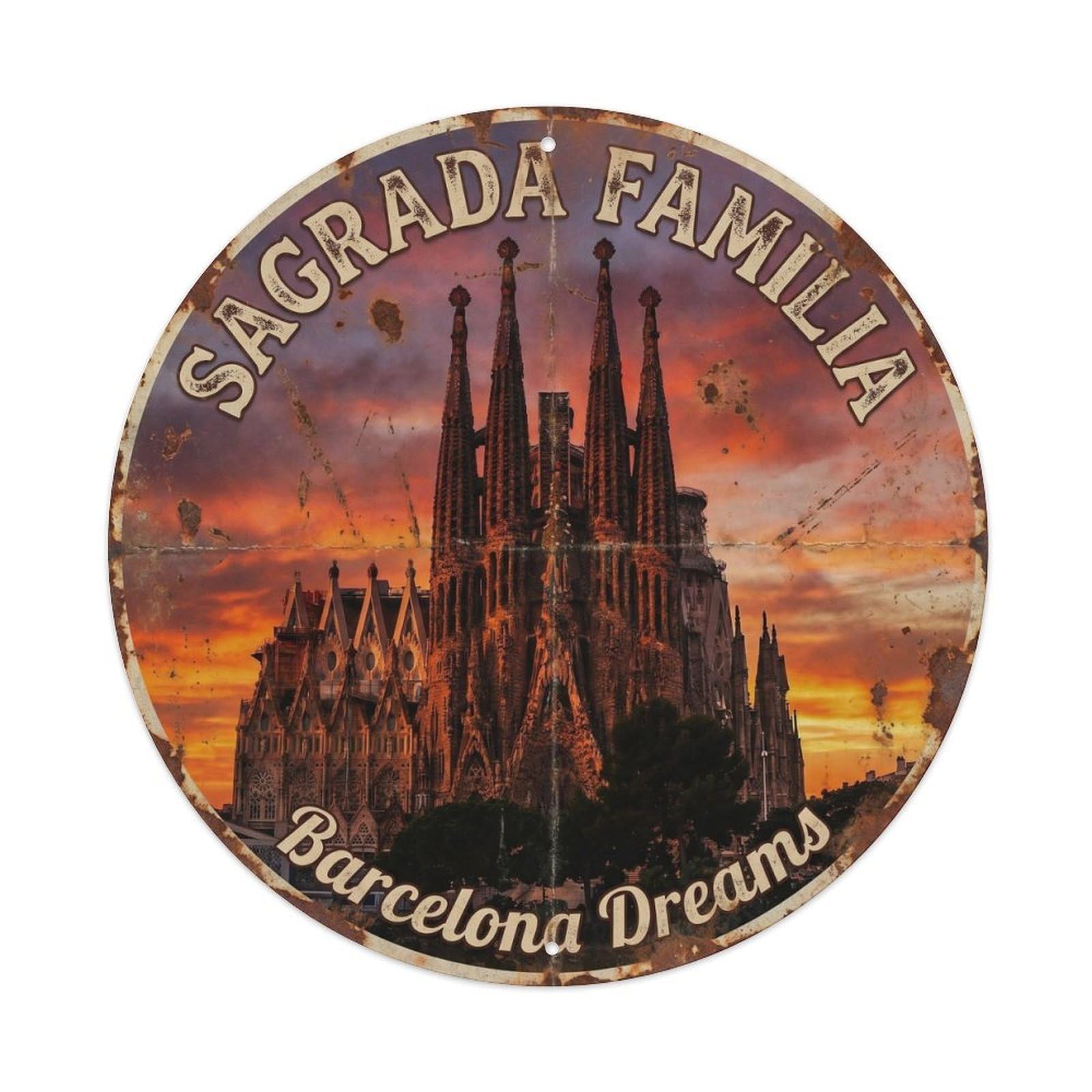 Barcelona Basilica Landmark Vintage Spain Travel Cityscape Metal Tin Sign Plaque Wall Decor for Cafe, Man Cave, Club Bar, Office, Home Garden Round Metal Poster 8x8Inch