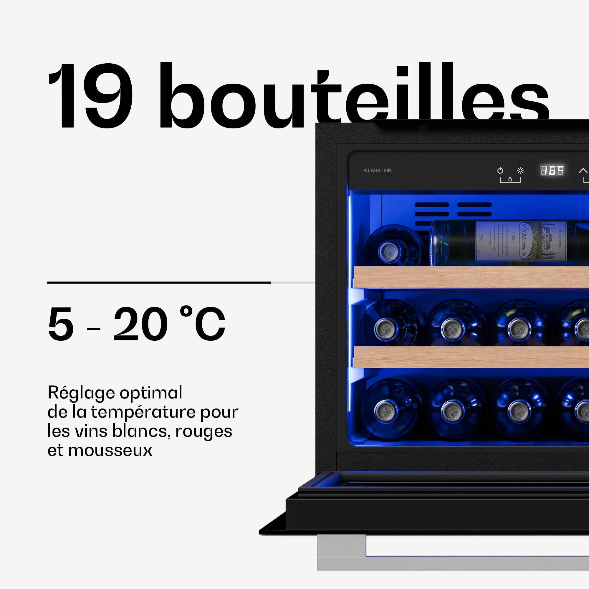 KLARSTEIN Illuminosa Cave à Vin Encastrable - 19 Bouteilles, 1 Zone, 5-20°C, LED, Porte UV, Silencieuse, Clayettes Bois, Frigo Vin, Contrôle Tactile
