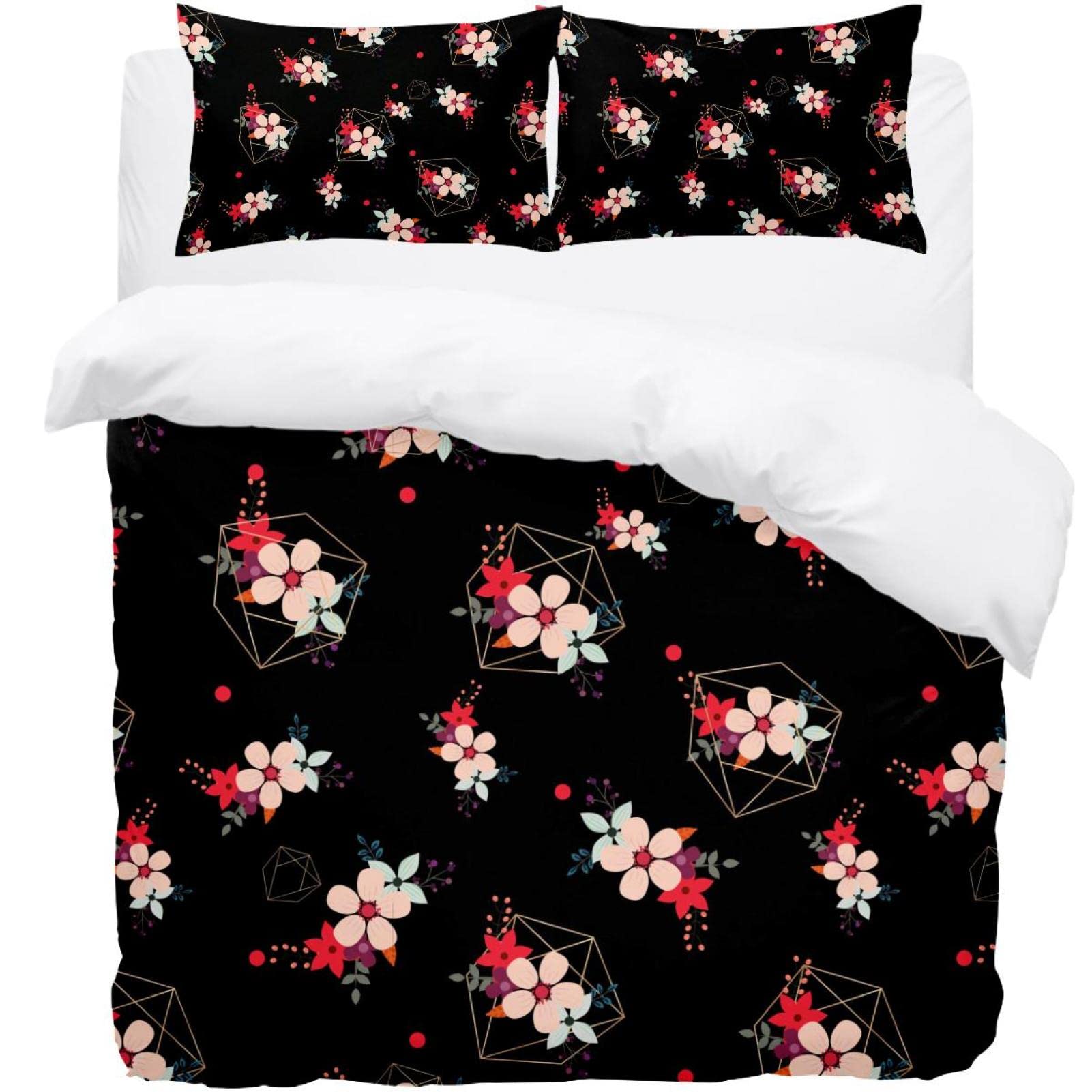 Parure de lit housse de couette fleurie rétro noire avec 2 taies