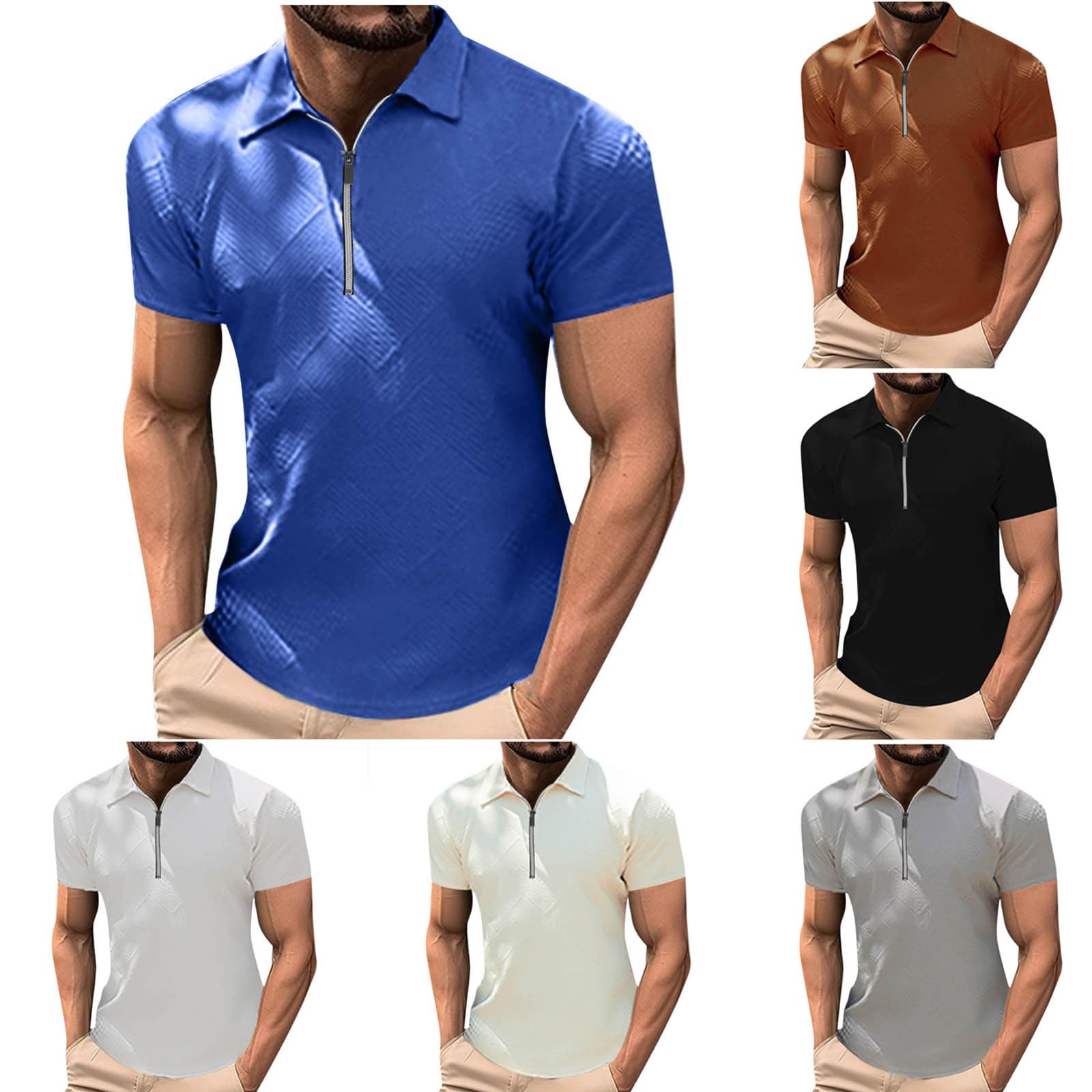 Poloshirts - Camiseta para hombre, cuello de solapa liso, manga corta con cierre de cremallera, capas base de corte regular y ropa para uso diario transpirable