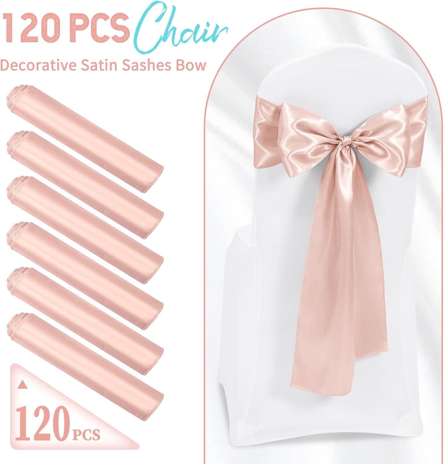120 PCS Rose Gold Satin Chair Sashes, Ties Bows Designed Chairs Decorative, Chair Cover Sashes for Thanksgiving Wedding Christmas Banquet Party Home Kitchen Decoration (7 x 108 inch)