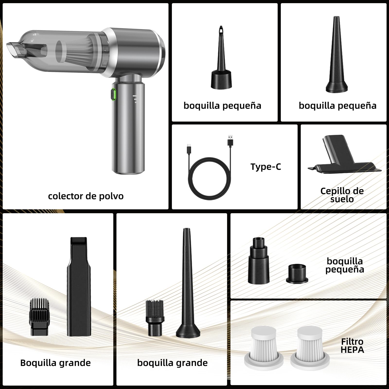 Aspirador de Mano, 26000Pa Mini Aspirador Recargable, Aspiradoras de Mano Coche 3 en 1 con Motor sin escobillas, Aspirador sin Cable para Coche, para Uso en la Oficina, el hogar, la Cocina