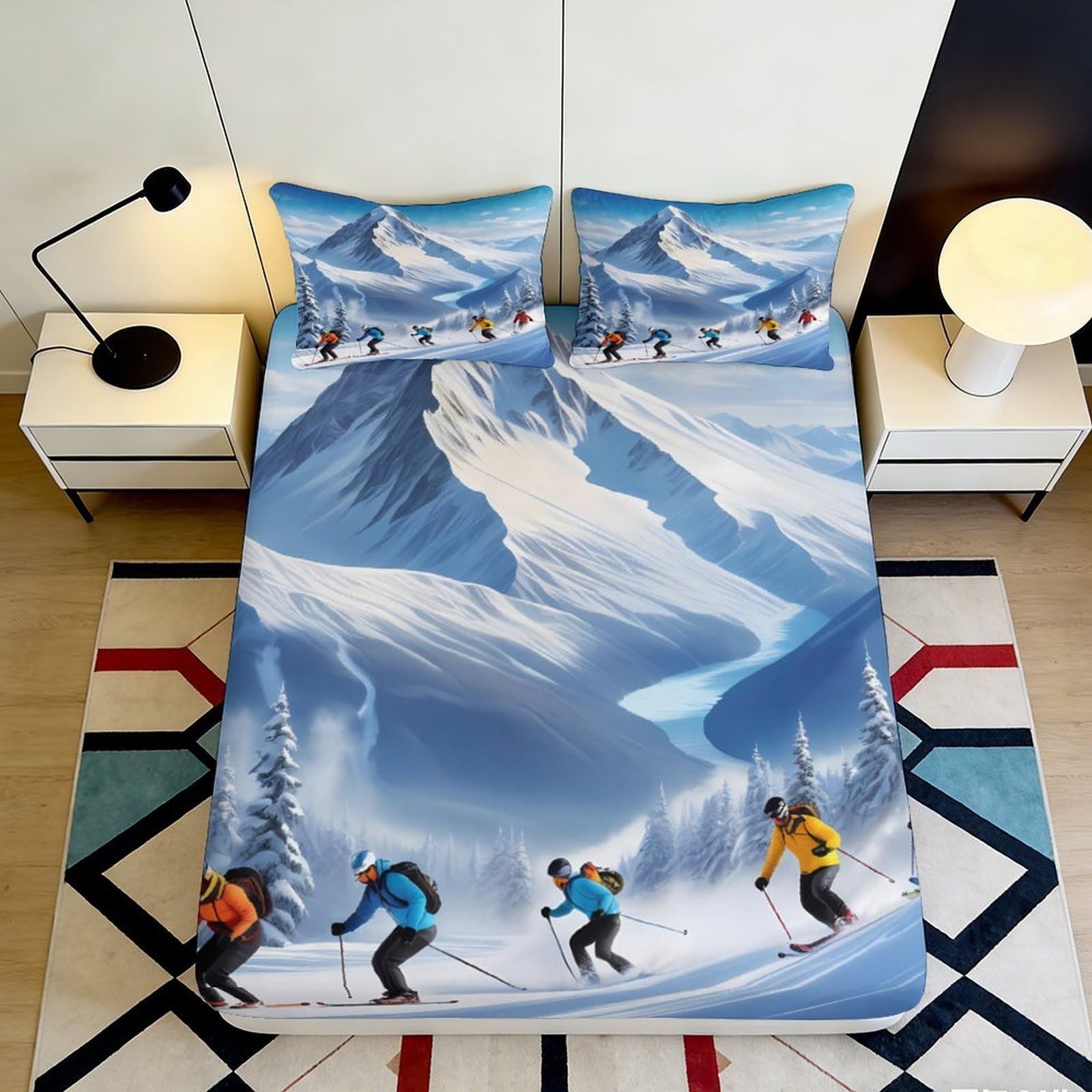 3D Printed Mountain Ski Fitted Sheet Microfiber Soft Breathable Winter Landscape Bed Cover for Bedroom Guest Room Decor 90x200x25cm