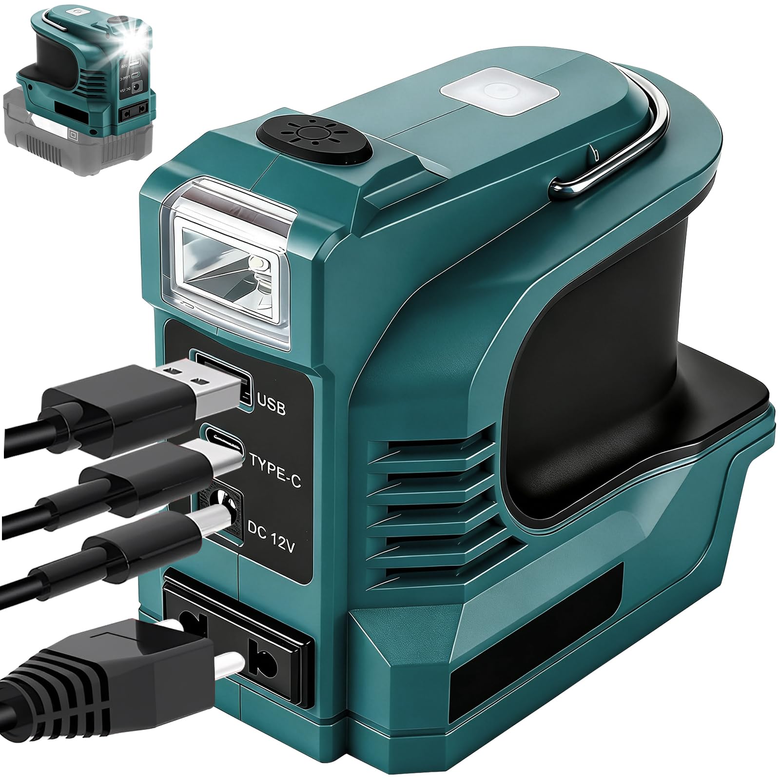 Onduleur de batterie 220 W compatible avec la batterie Makita 18 V, DC 18 V vers AC 220 V, convertisseur de tension sans fil Inverte avec USB Type-C, lampe LED 200 lm (220 W pour Makita)
