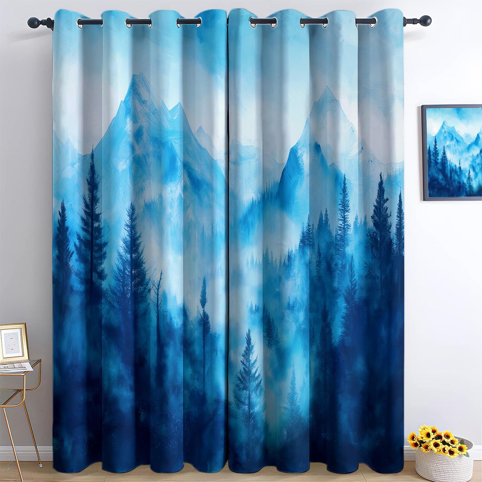 Rideaux occultants pour chambre et salon décor nature pins bleu