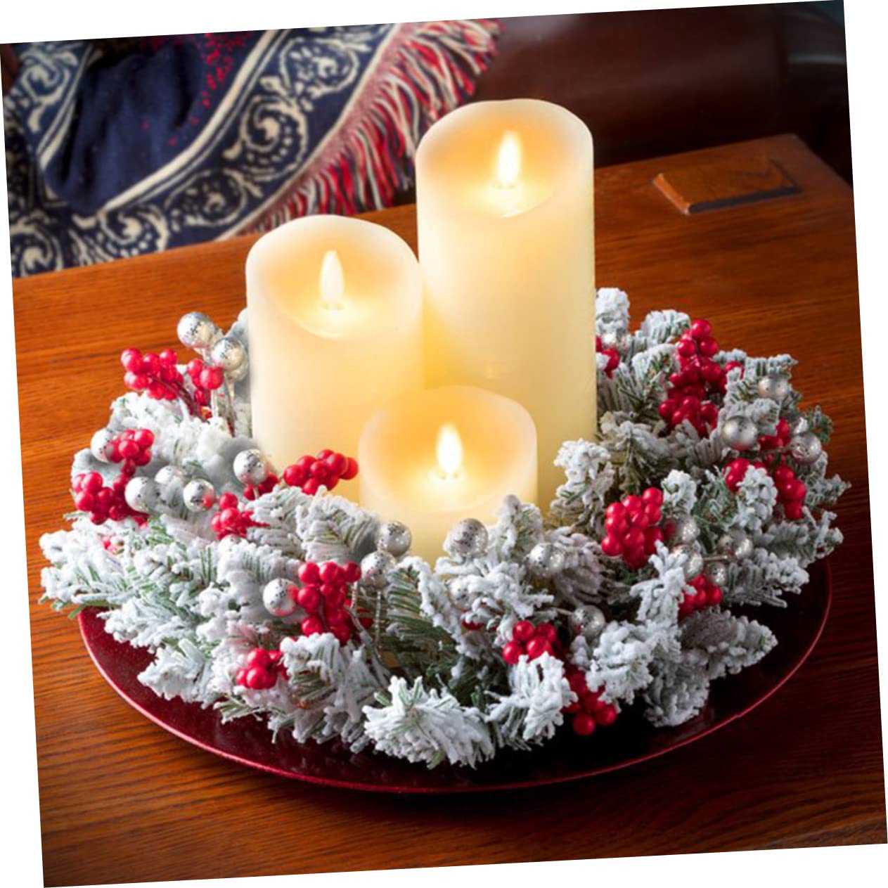 VINTORKY Artificial Berry Wreath Candle Ring for Christmas Decor Lifelike Festival Centerpiece with Leaves for Home Table Decorations