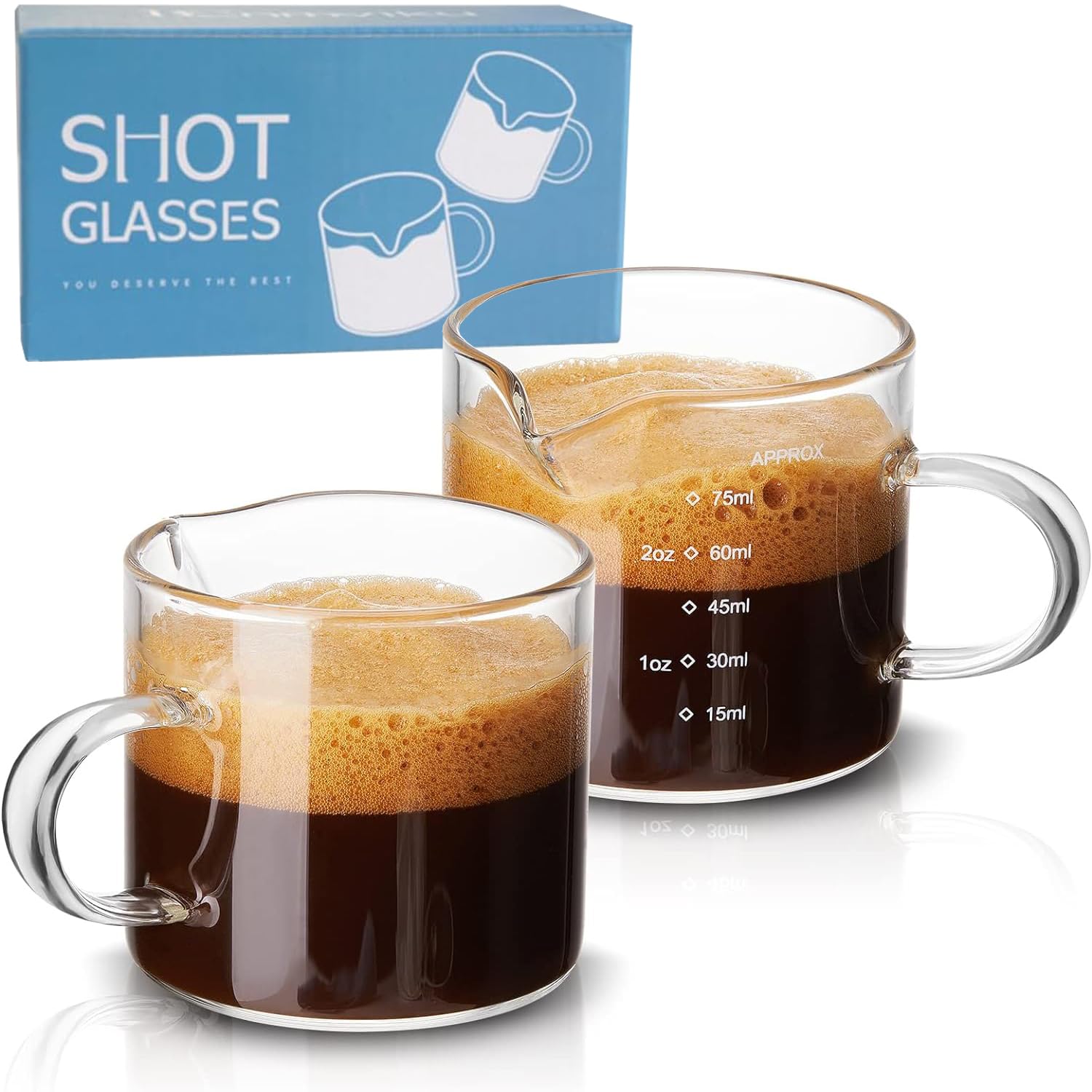 2 Pack Measuring Cups, Espresso Glass 75ML Cups with Handle, Shot Glasses with V-Shaped Mouth, Clear Accessories, Milk Frothing Pitcher coffee glass