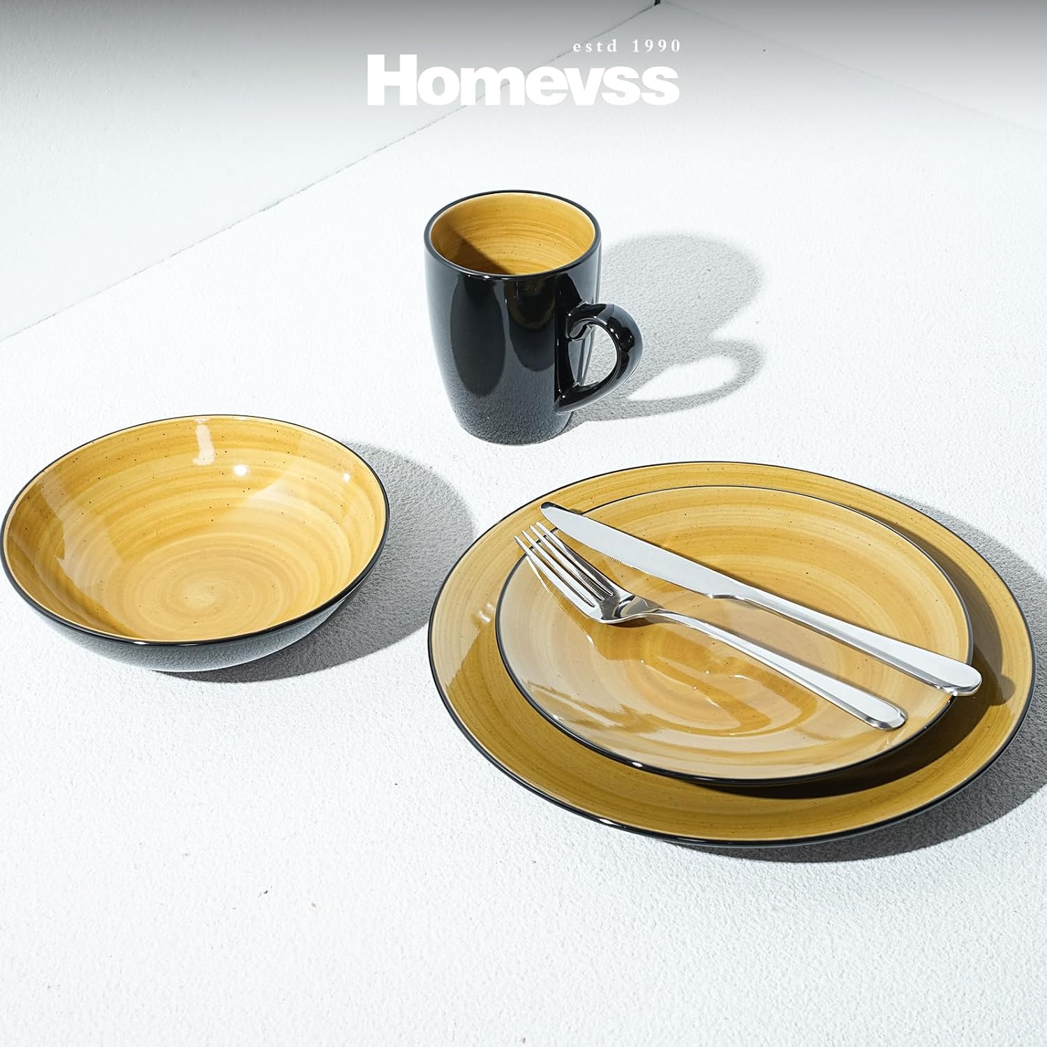 Stoneware Sonoma 16pc Dinnerware Set, Black + Speckled Spin Wash Yellow