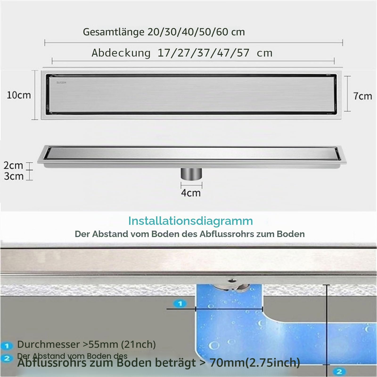 Duschrinne sehr Flach Edelstahl, Bodenablauf Badezimmer Ablaufrinne Duschablauf Duschabfluss mit Unsichtbarem Aussehen for Küche Bad WC Balkon(Size:10x60cm,Color:silbrig)