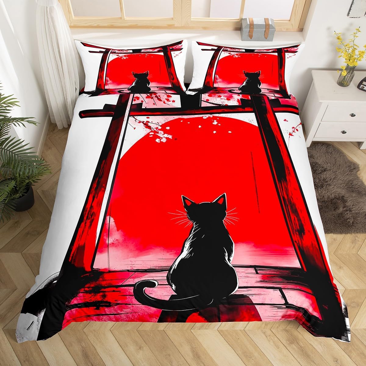 Black Cat Duvet Cover Set Toddler Size,Starry Sky Sketch Flowers Butterfly Bedding Set,Boys Girls Room Decor,Cartoon Cute Animal Pet Rustic Comforter Cover,Beige Quilt Cover,1 Pillowcase(No Filler)