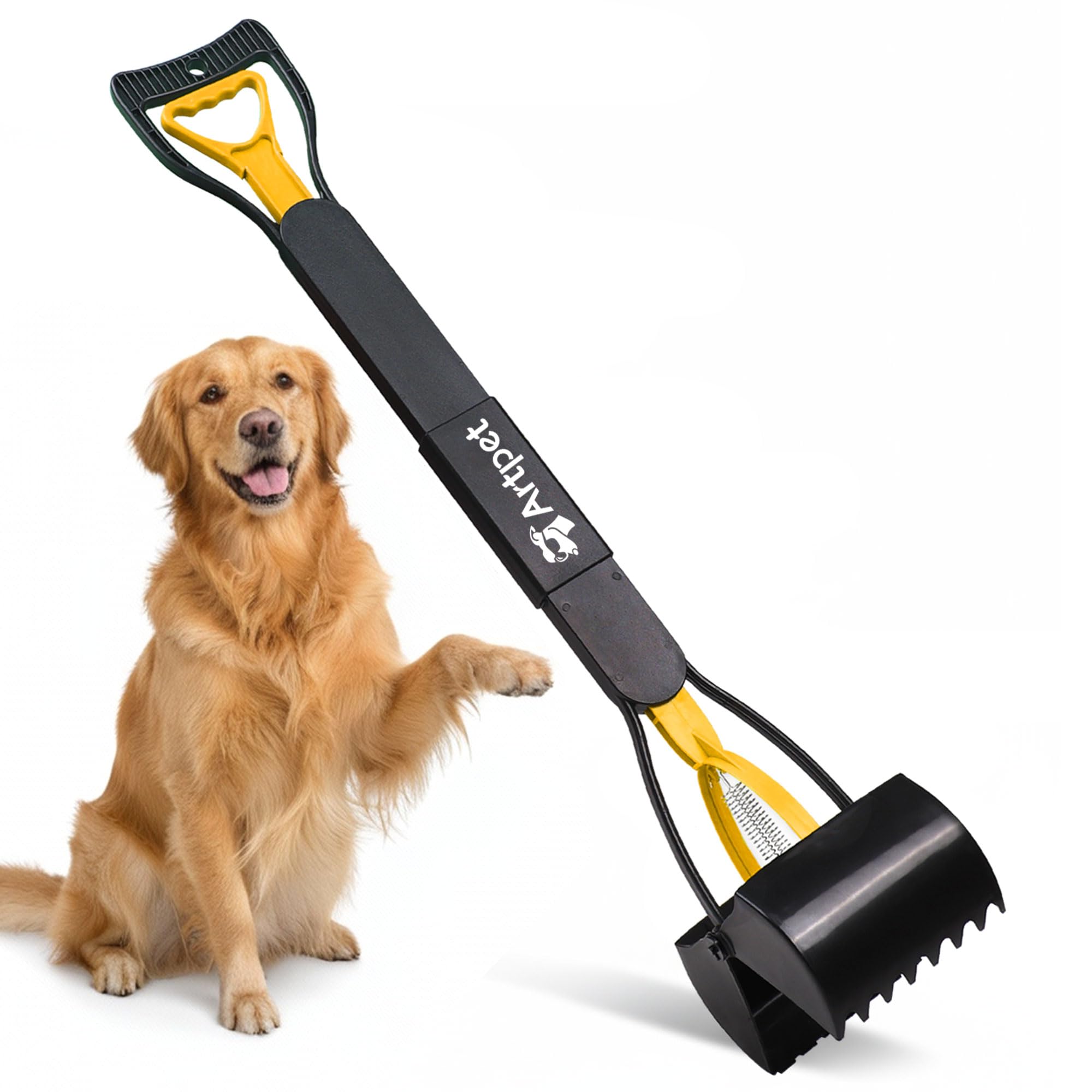Recoge Cacas de Perros Mango Largo 80cm, Ligero y Plegable Recogedor de Excrementos Perro, Ideal para Paseos y Jardín, Amarillo