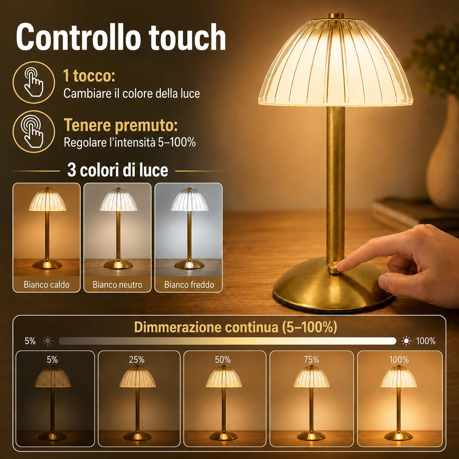 LANMOU Lampada Senza Fili da Tavolo, Dimmerabile, 14 Ore, Oro