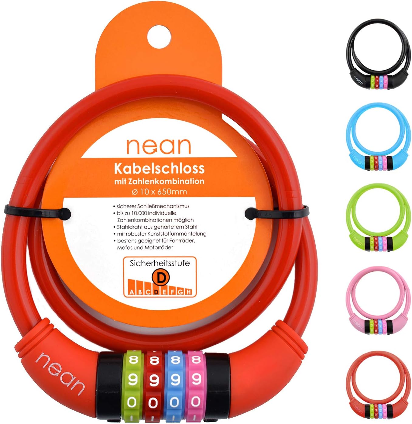 Nean children's-bicycle-cable-lock, number code combination lock in colourful design, 10 mm x 650 mm (red)