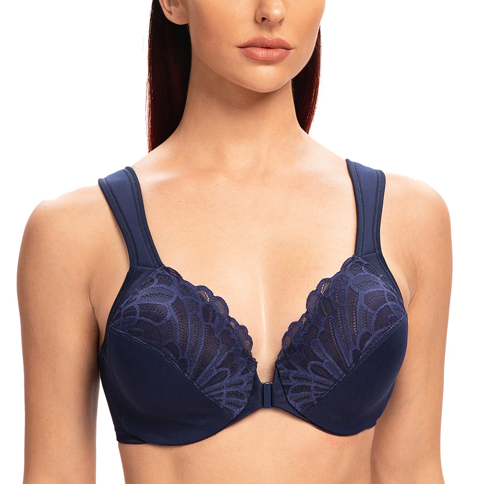 MELENECA Donna Reggiseno Taglie Forti Pizzo Chiusura Anteriore Non Imbottito Cinghie Imbottite con Ferretto