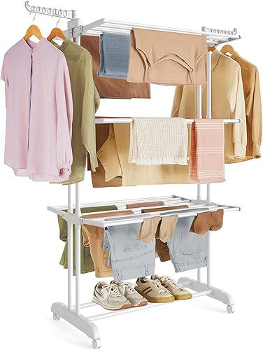 SONGMICS Soporte de secado de ropa de 4 niveles, estante de secado de ropa plegable de 68.1 pulgadas de alto, acero inoxidable, estante de secado de