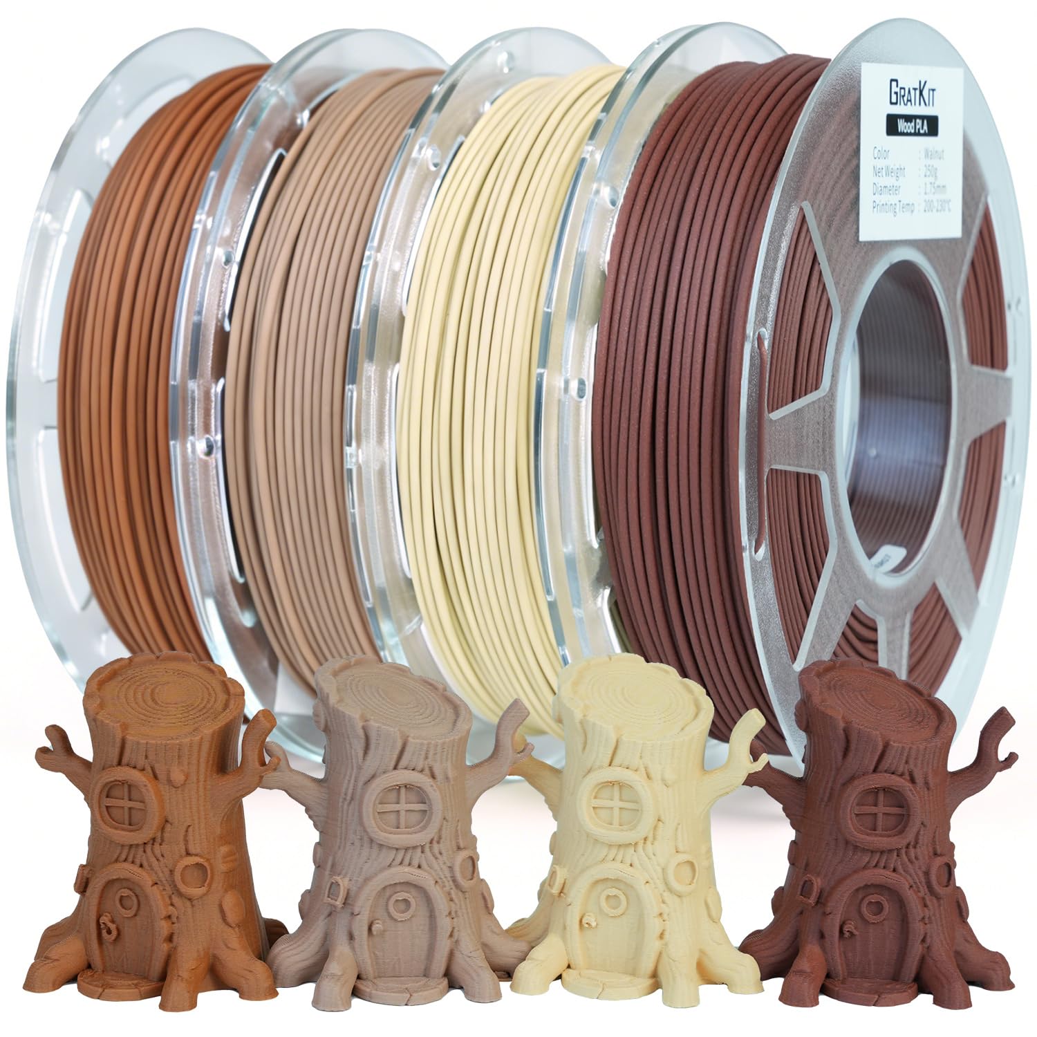 Gratkit Filamento PLA Madera Multicolor, Filamento para Impresora 3D,4*250g