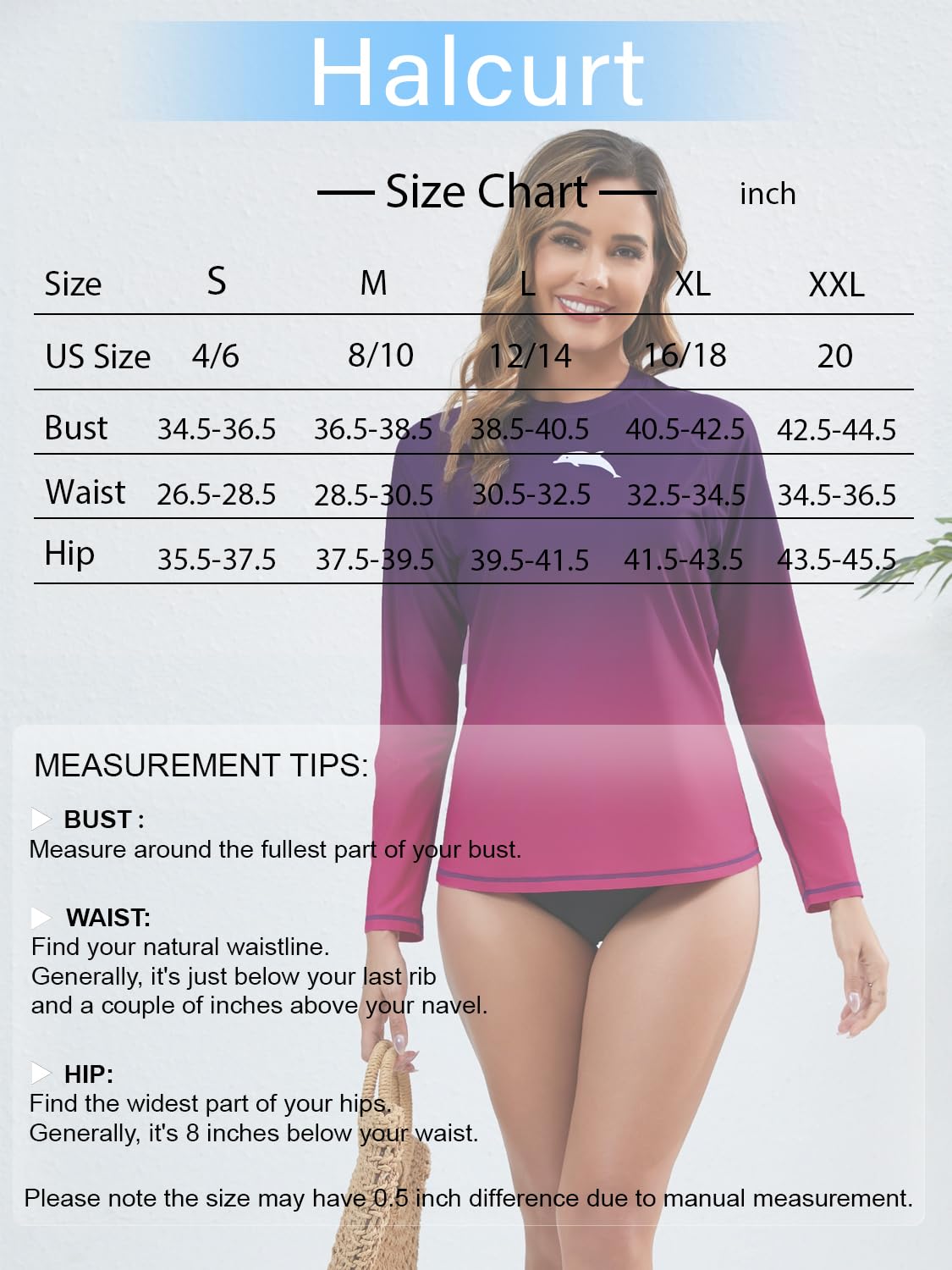 Halcurt Haut de bain à manches longues avec soutien-gorge intégré UPF50+ Protection solaire Maillot de bain à séchage rapide