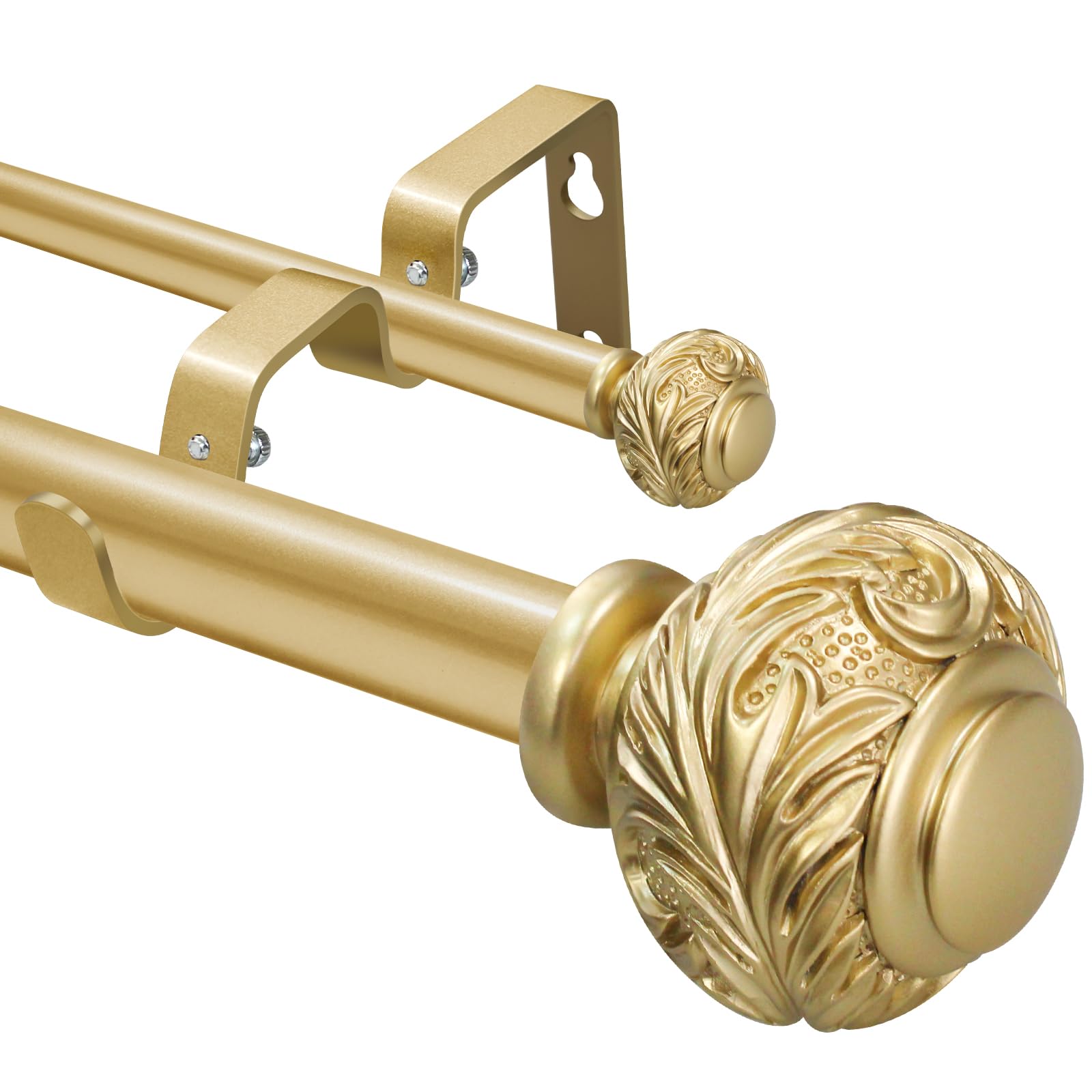 Photo 1 of 1 Inch Gold Double Curtain Rod with Modern Design Floral Carved Ball Finials-Tension Curtain Rods 84-120 Inchs for Bedroom&Home Decor