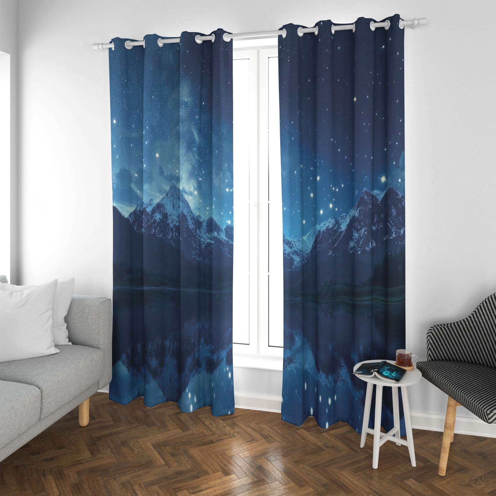 Berg-Vorhänge für Schlafzimmer und Wohnzimmer, 167 x 137 cm (B x H), Sternenhimmel-Verdunkelungsvorhänge, Landschafts- und Naturmotiv Vorhänge Botanischt Thermo Gardinen mit Ösen, 2er Set