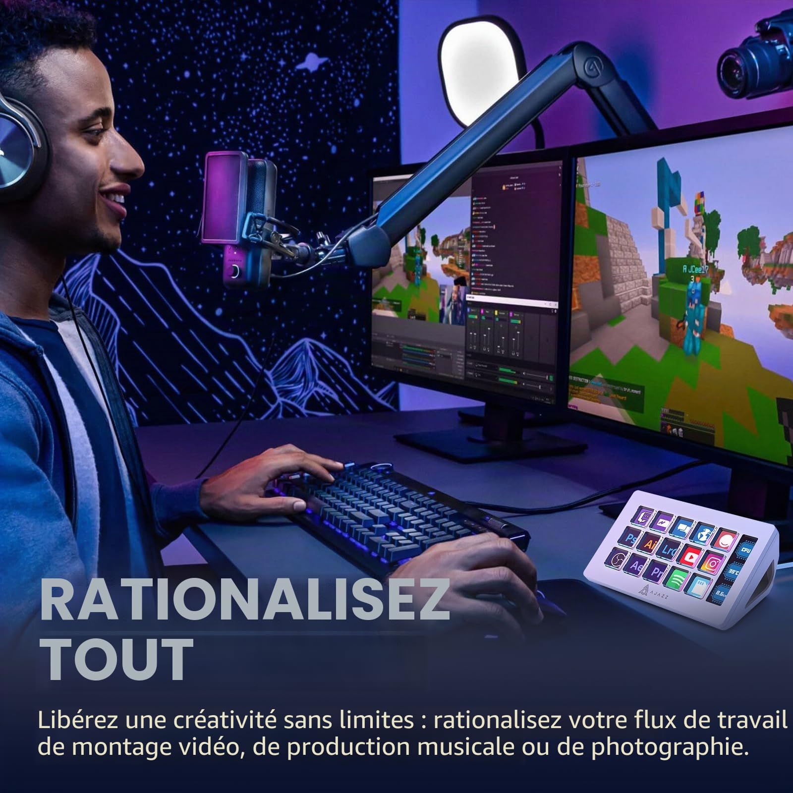 AJAZZ AKP153 Contrôleur de Stream, Studio Deck, 15 Touches Macro, Déclenchement d’actions dans les applications et les logiciels comme OBS, Twitch, ​YouTube et d’autres, avec Mac/PC, Blanc