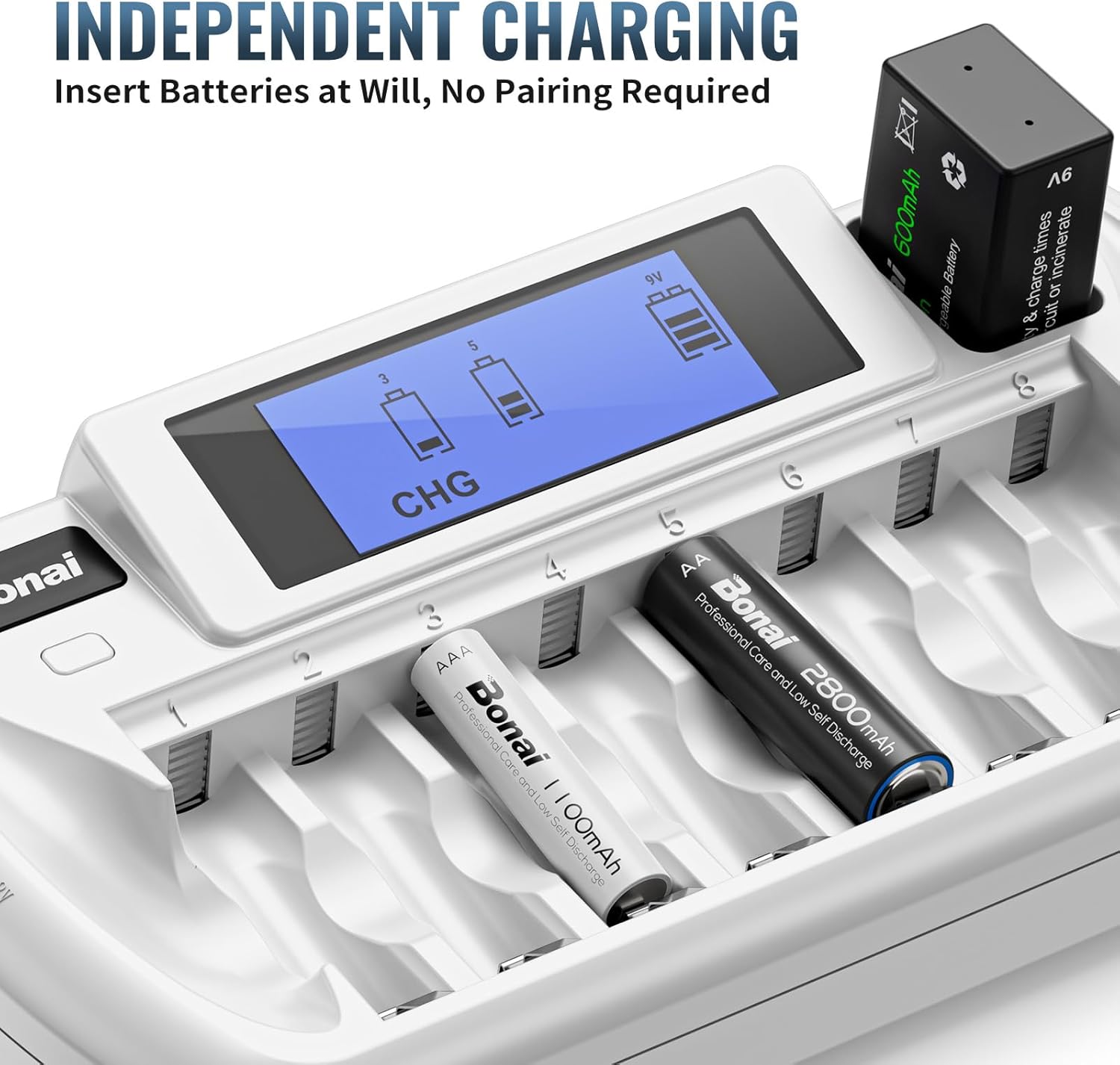 Close-up of the BONAI charger showing various AA, AAA, and 9V batteries inserted into their independent charging slots.