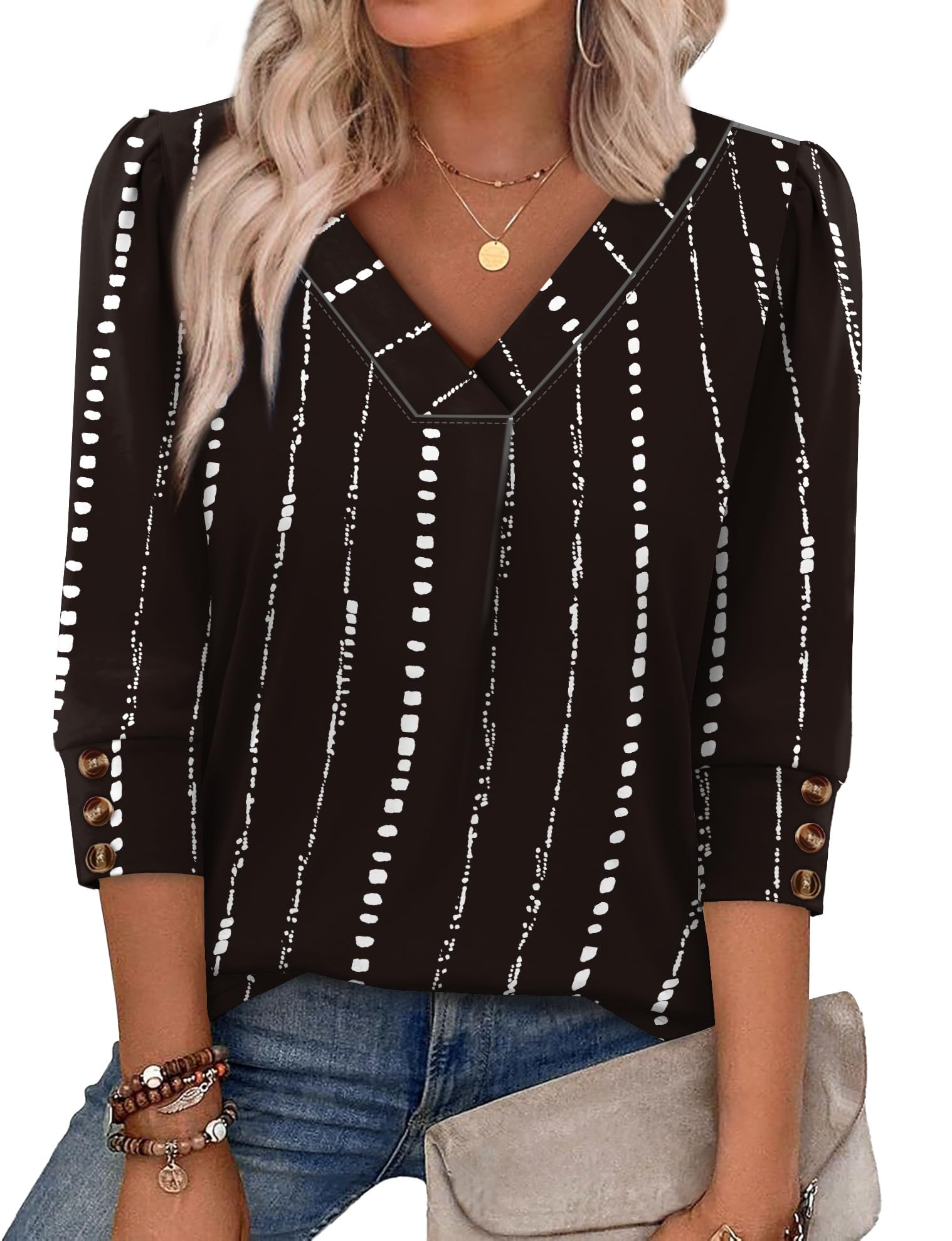 OFEEFAN Womens 3 4 Sleeve Tops with Buttons V Neck Summer Outfits Dressy Casual Blouses for Women Fashion