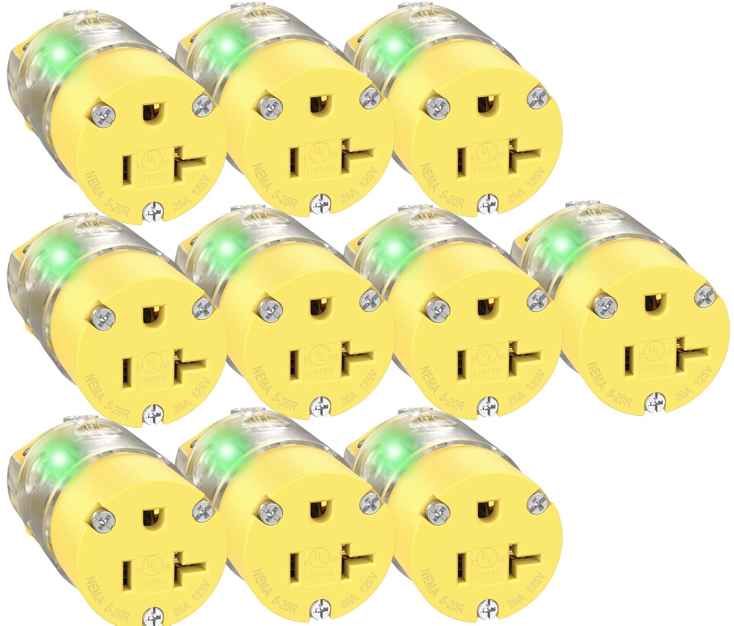 20A Lighted Female Extension Cord Ends Replacement 120V NEMA 5-20R Illuminated Drop Cord Cap with Green Neon Light Connector Outlet Compatible with Starndard 15A 110V Male Plug End UL Listed 10-Pack