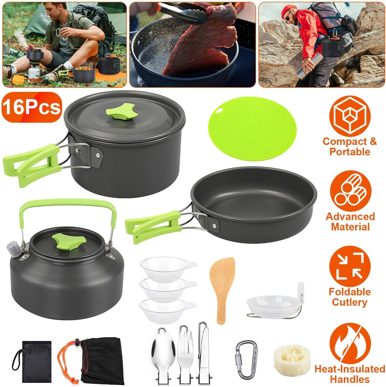 16-Piece Camping Cookware Set, Anodized Aluminum Pot Pan Kettle with Cutlery & Storage Bags, Flatware