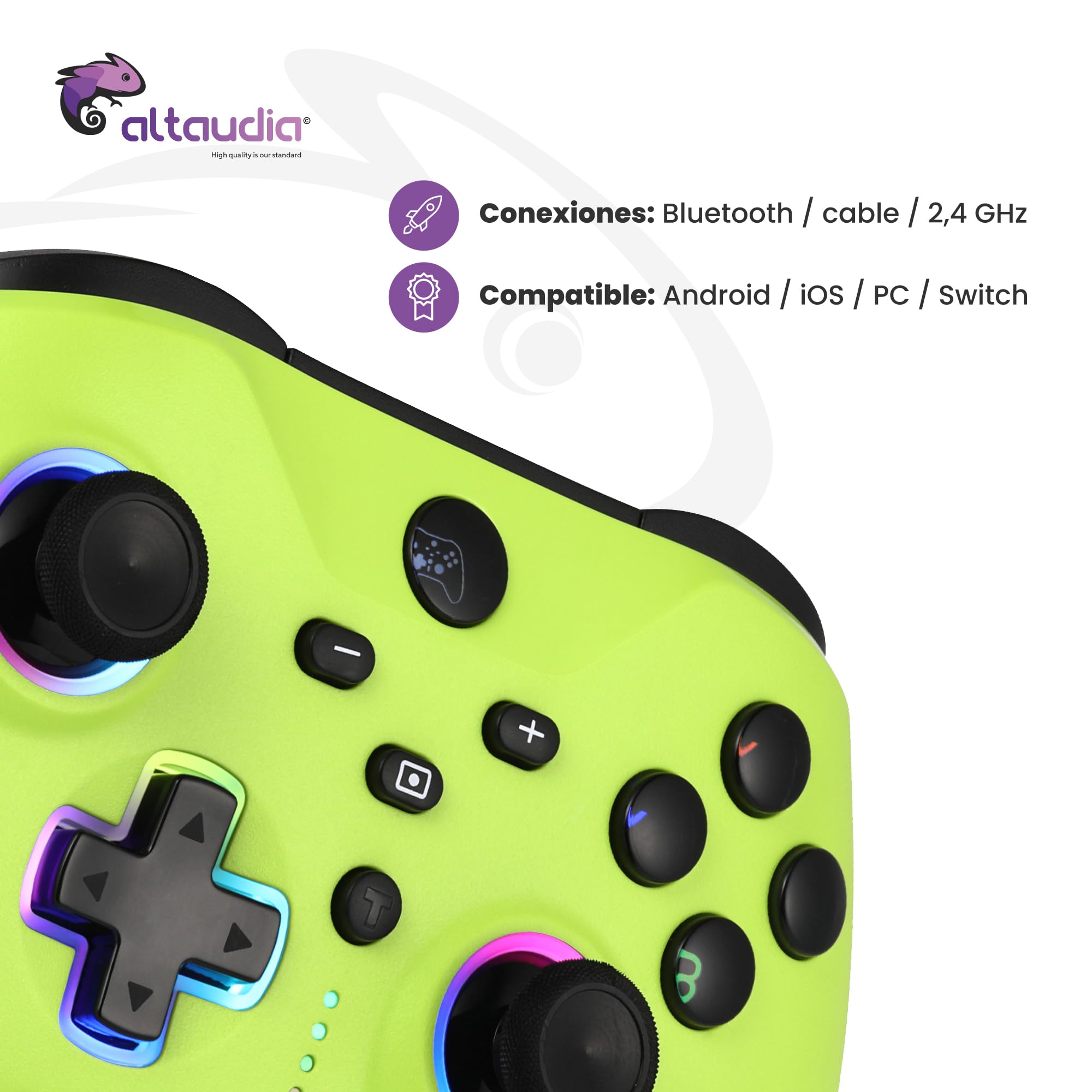 Altaudia Mando Inalámbrico Bluetooth para PC - Compatible con PC, Switch/Smartphone Android y iOS, Conexión USB, 2 Botones Macro, Vibración Dual, 6 Ejes, Luces LED RGB, Color Verde