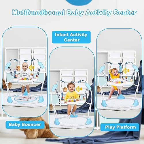 Miniatura 6 de Centro de actividades para bebés, puentes y gorilas para bebés con música, luces, juguetes para bebés, asiento giratorio de 360, 3 alturas