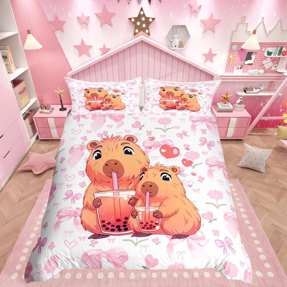 Loussiesd Milk Tea King Duvet Cover Cute Capybara Bedding Set for Kids Pink Bow Flower Decor Kawaii Brown Animal Quilt Cover 3Pcs Room Decor — image 1
