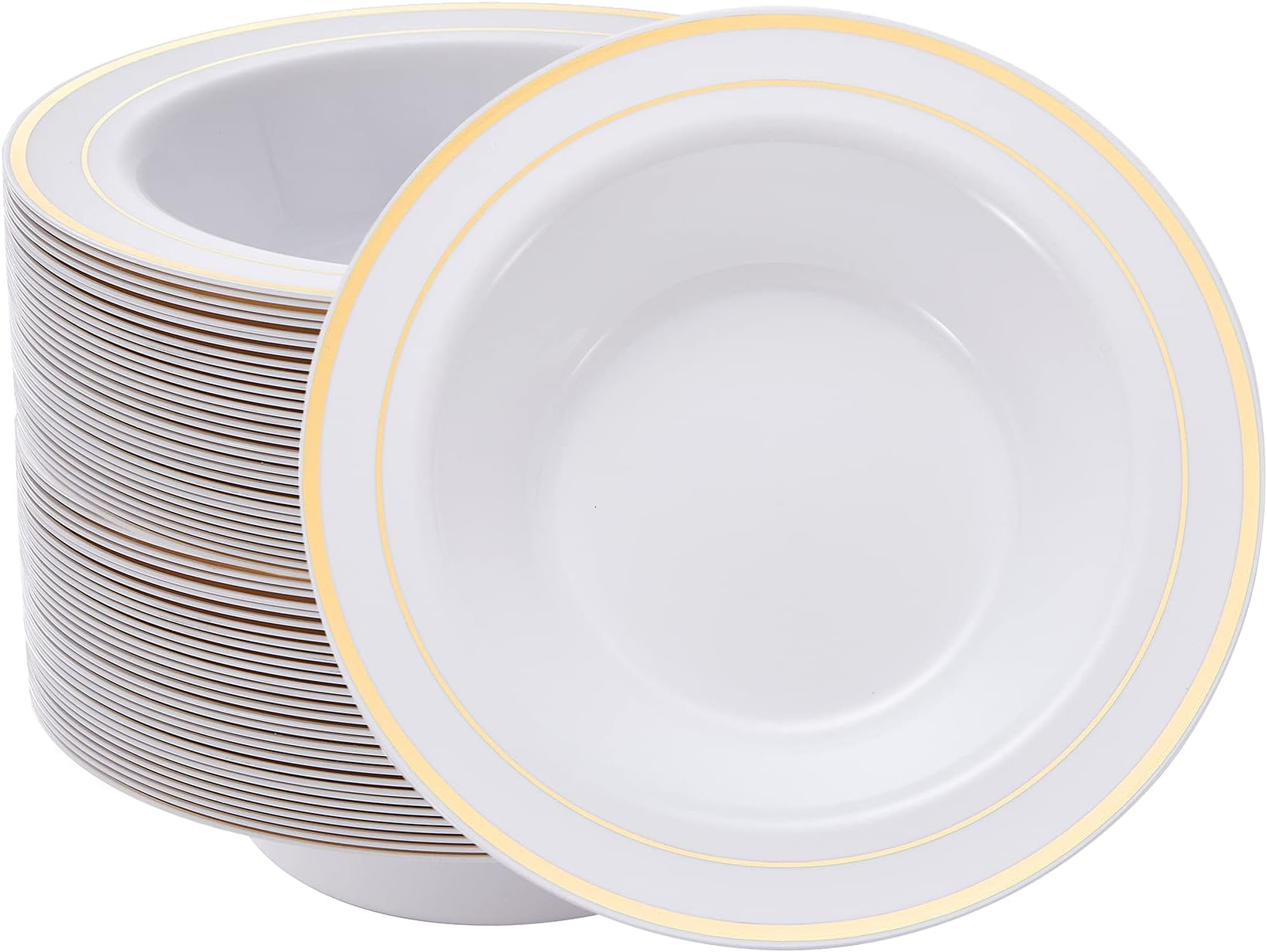 30PCS Disposable Plastic Bowls with Gold Rim, 12 oz Fancy White Plastic Bowls, Premium Dessert Salad Bowls Perfect for Party, Wedding and Everyday Use