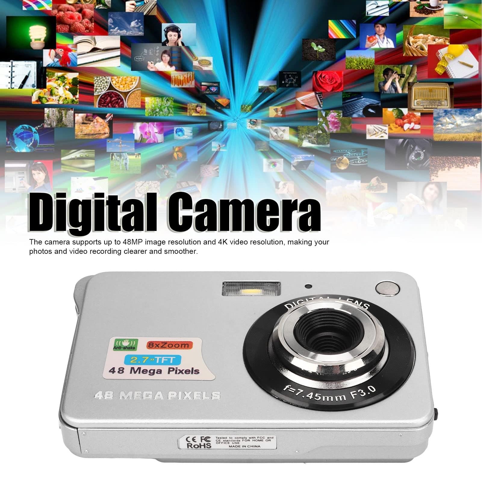 Appareil Photo Numérique 4K pour la Photographie, Appareil Photo de Poche Compact 48MP avec écran LCD 2,7 Pouces, Appareil Photo Vlogging 8X Anti-secousses pour Adultes Seniors (Argent)