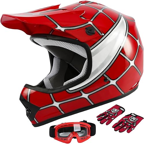 SLMOTO - Casco de motocross para niños y niñas, aprobado DOT, casco para VTT, diseño de araña roja, Casco + Gafas + Guantes