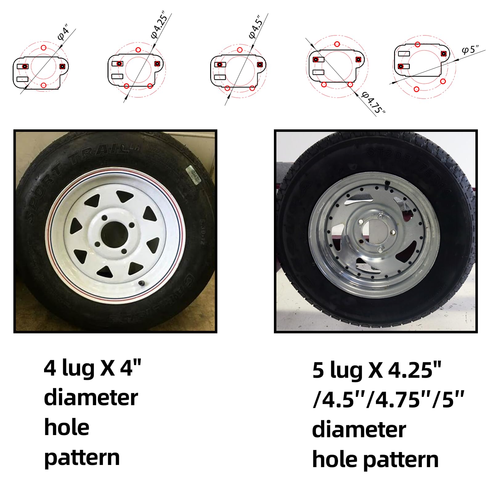 Soporte de neumático de repuesto para remolque, accesorios de remolque cerrados, se adapta a la mayoría de ruedas de 4, 5 y 6 lengüetas, soporta patrones de pernos de 4 pulgadas, 4.5 pulgadas