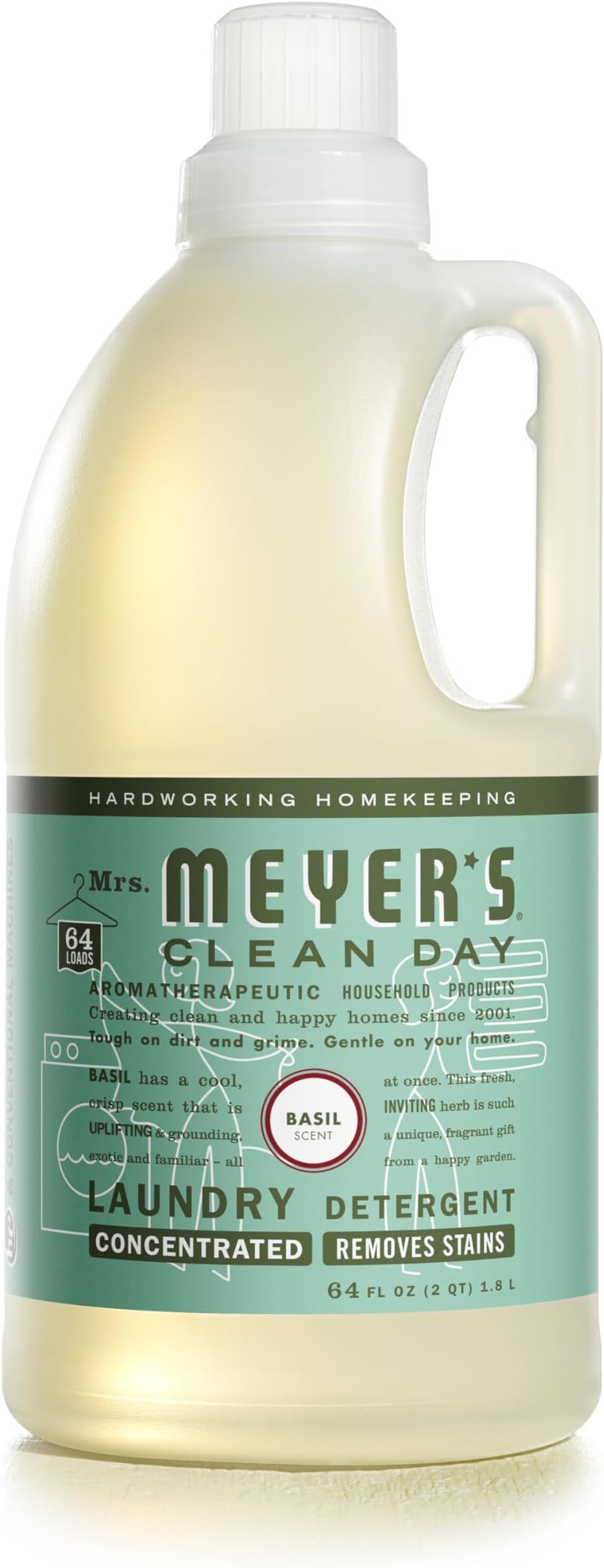 MRS. MEYER'S CLEAN DAY Liquid Laundry Detergent, Infused with Essential Oils, Basil, 64 oz (64 Loads)